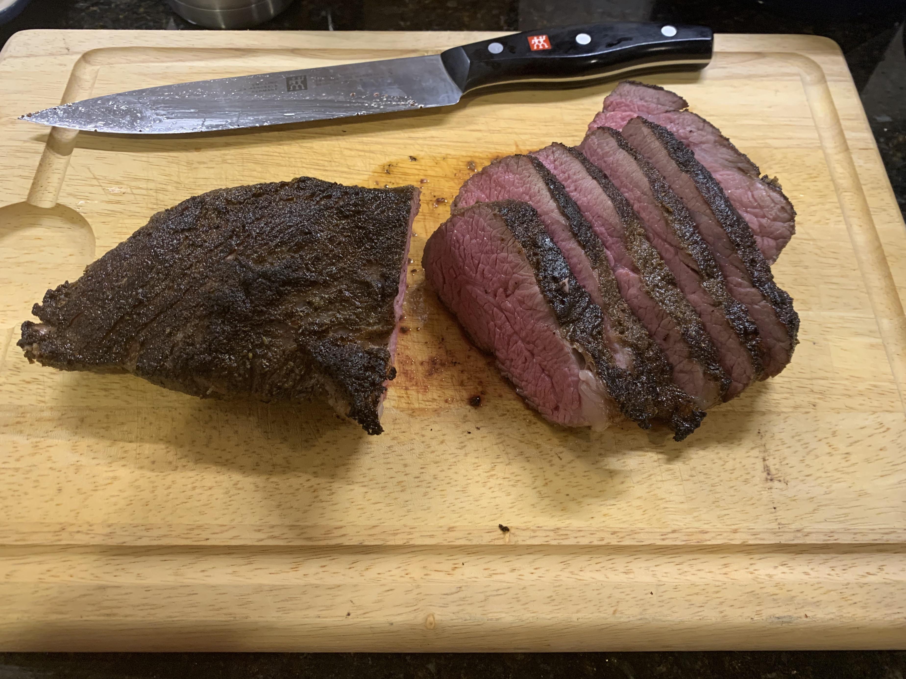 Tri Tip 132 for 7 hours, finished on a cast iron skillet. Avocado oil
