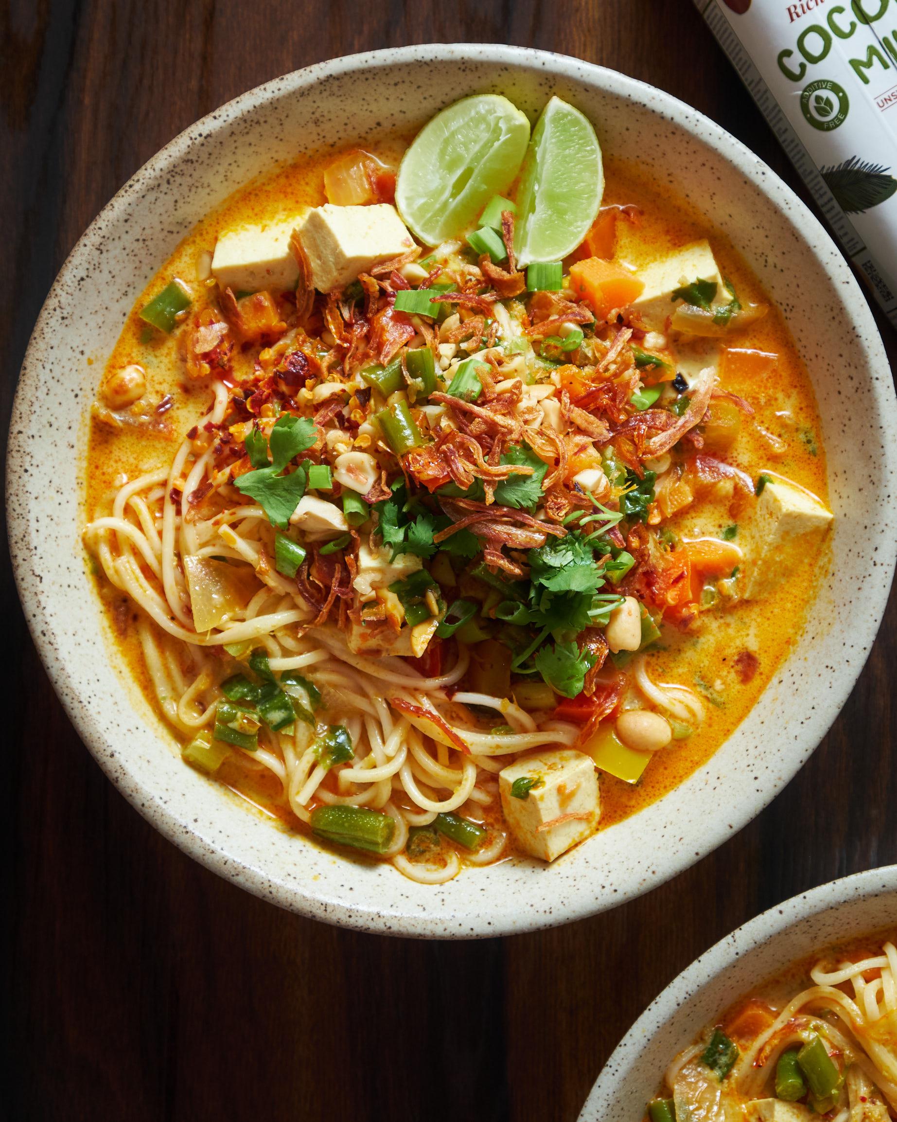 I veganized Burmese Khow Suey (noodle soup) for dinner and it turned