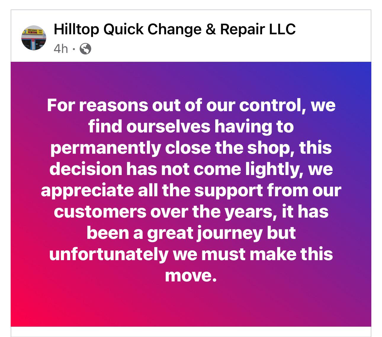 Looks like Hilltop Quick Change and Repair is closing r/athensohio