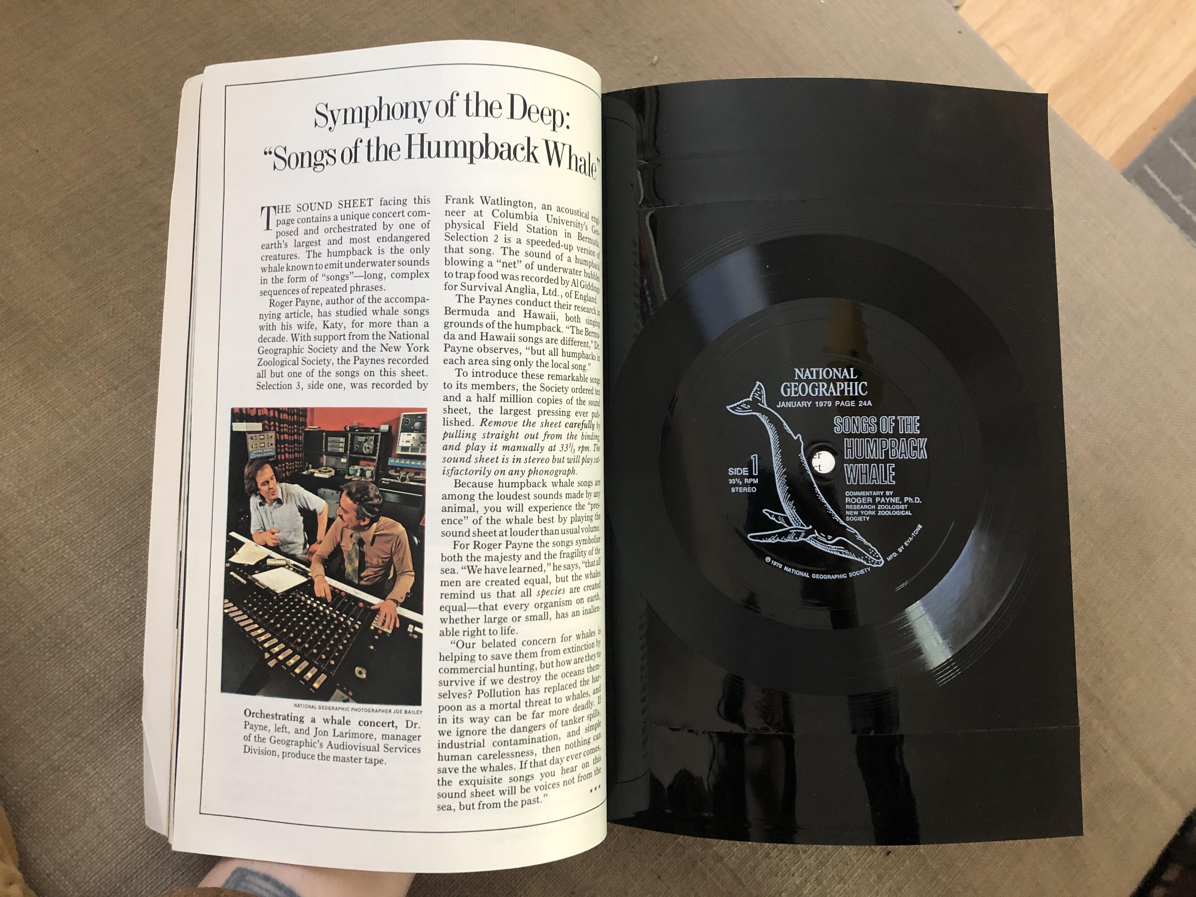 This National Geographic from January of 1979 has a very thin record of whale sounds you can