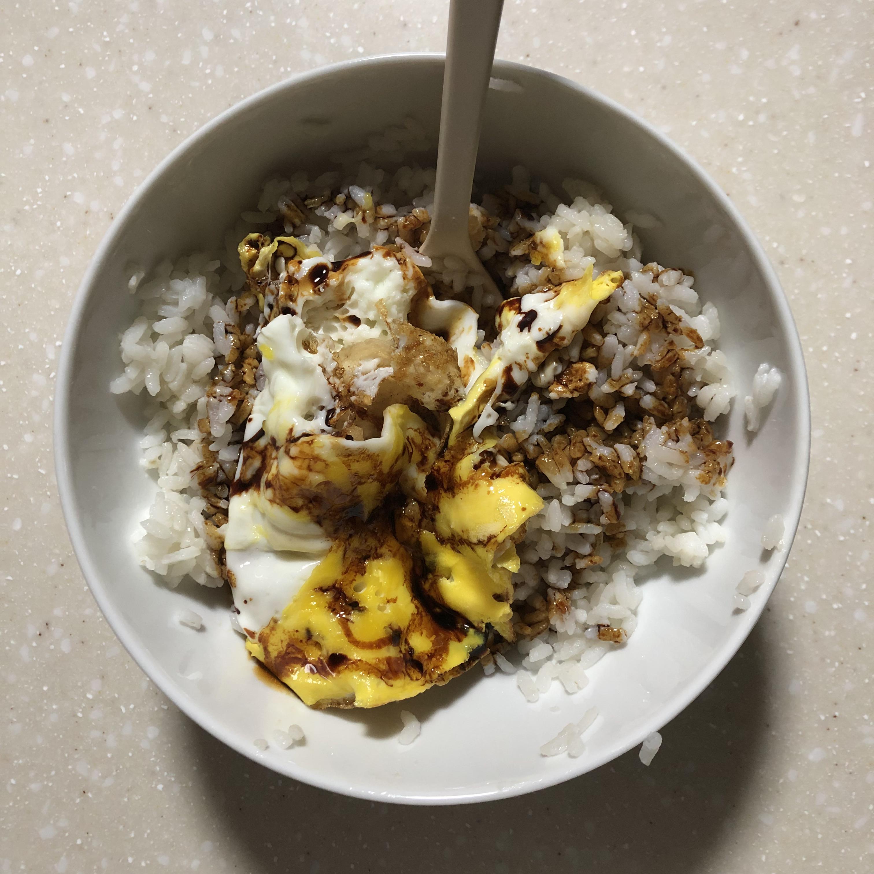 late night supper, egg on rice with dark soya sauce and sesame oil r