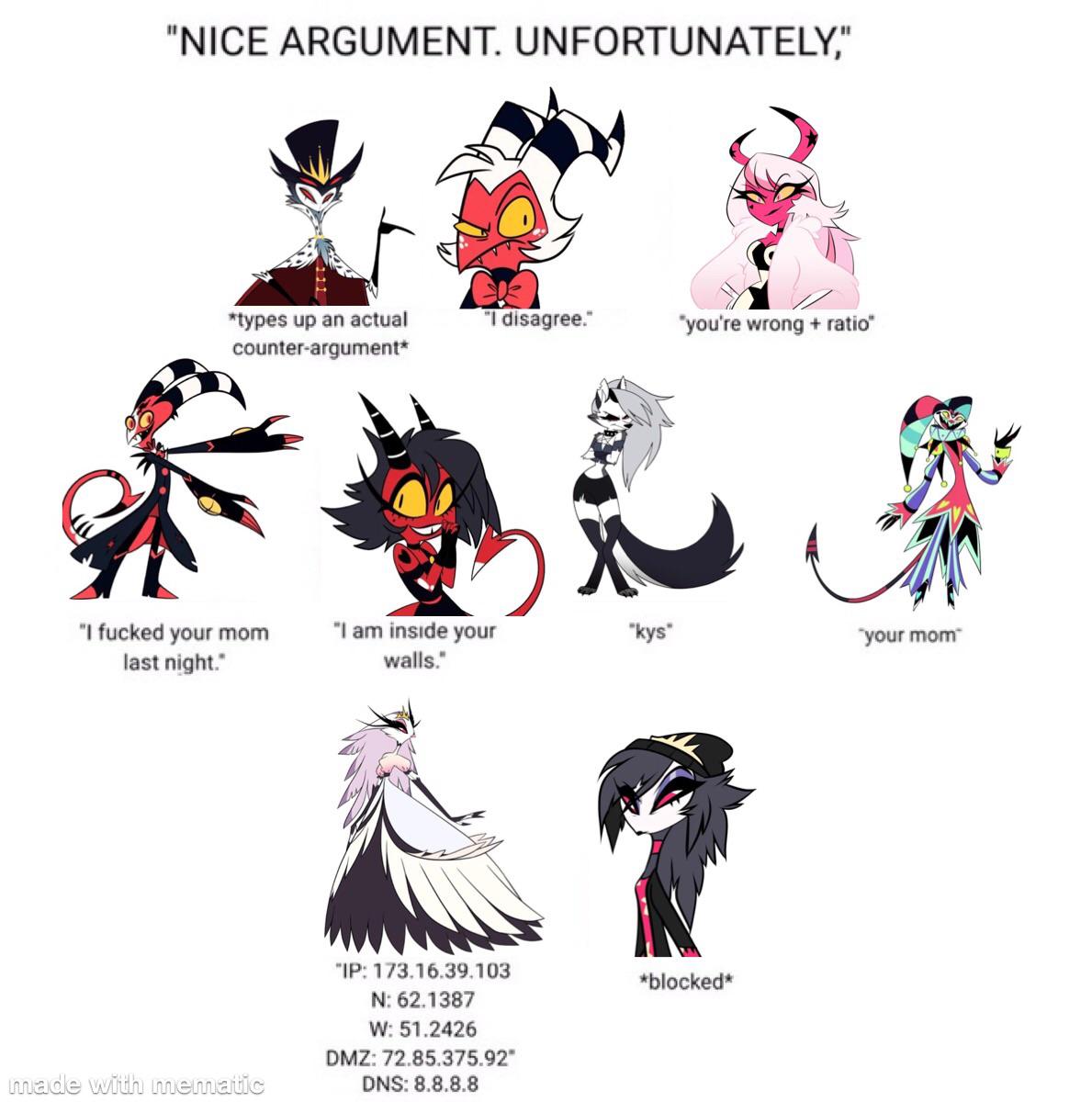 The Helluva Boss version of the Nice Argument meme r/HelluvaBoss