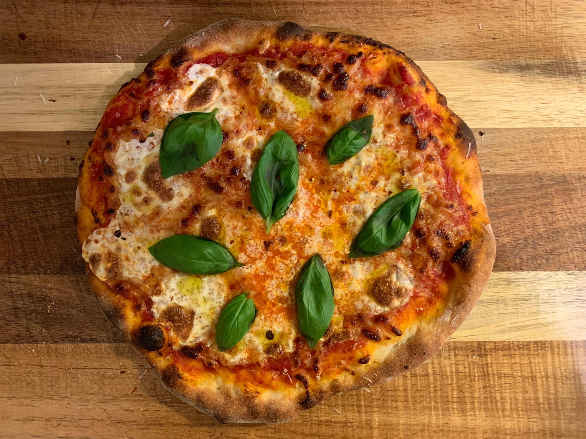 Homemade Margherita Pizza Homemade dough (24 hour ferment), Jersey Fresh Crushed Tomatoes
