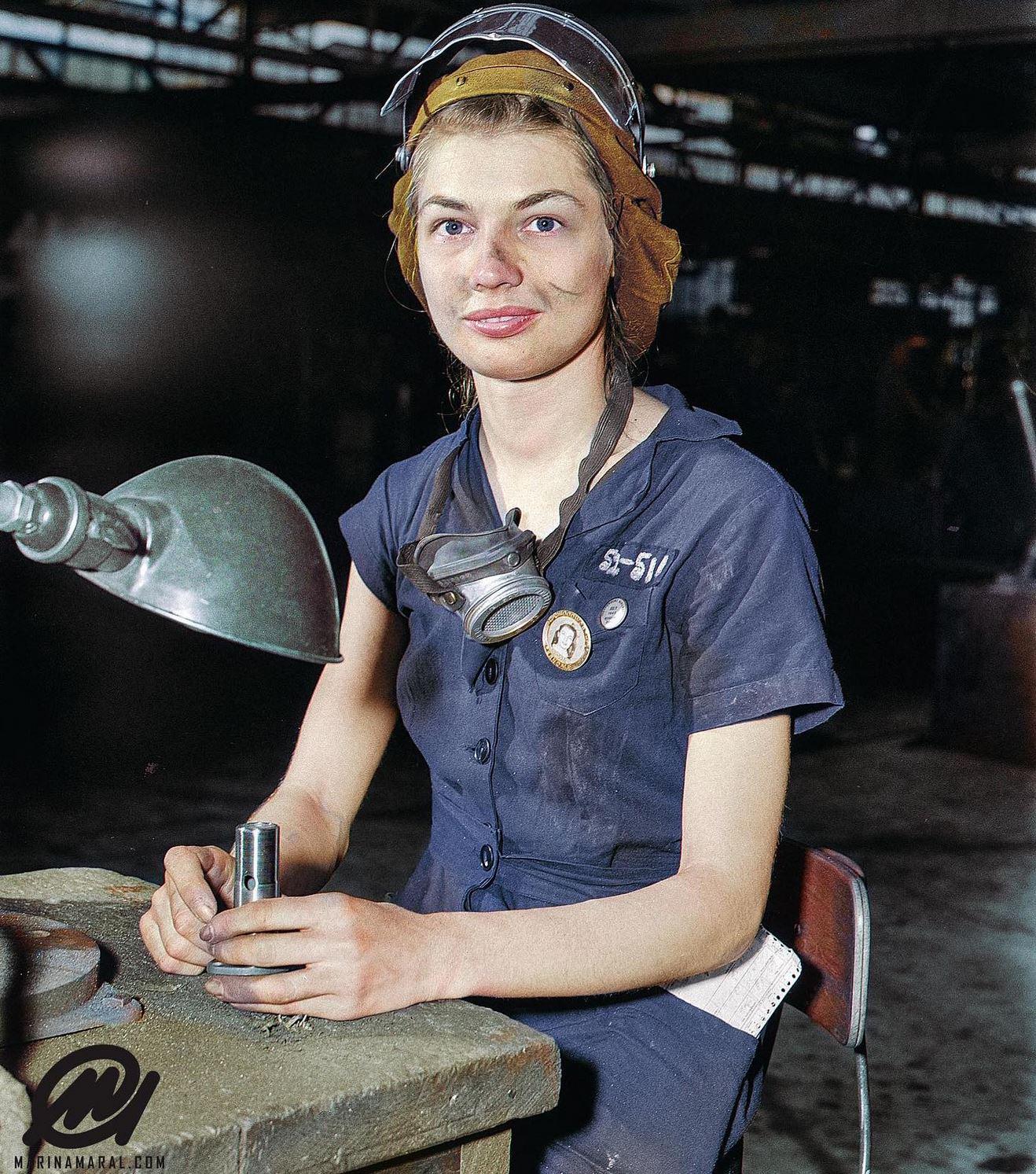 Eunice Hancock, a 21 year old compressed air grinder operator, works in