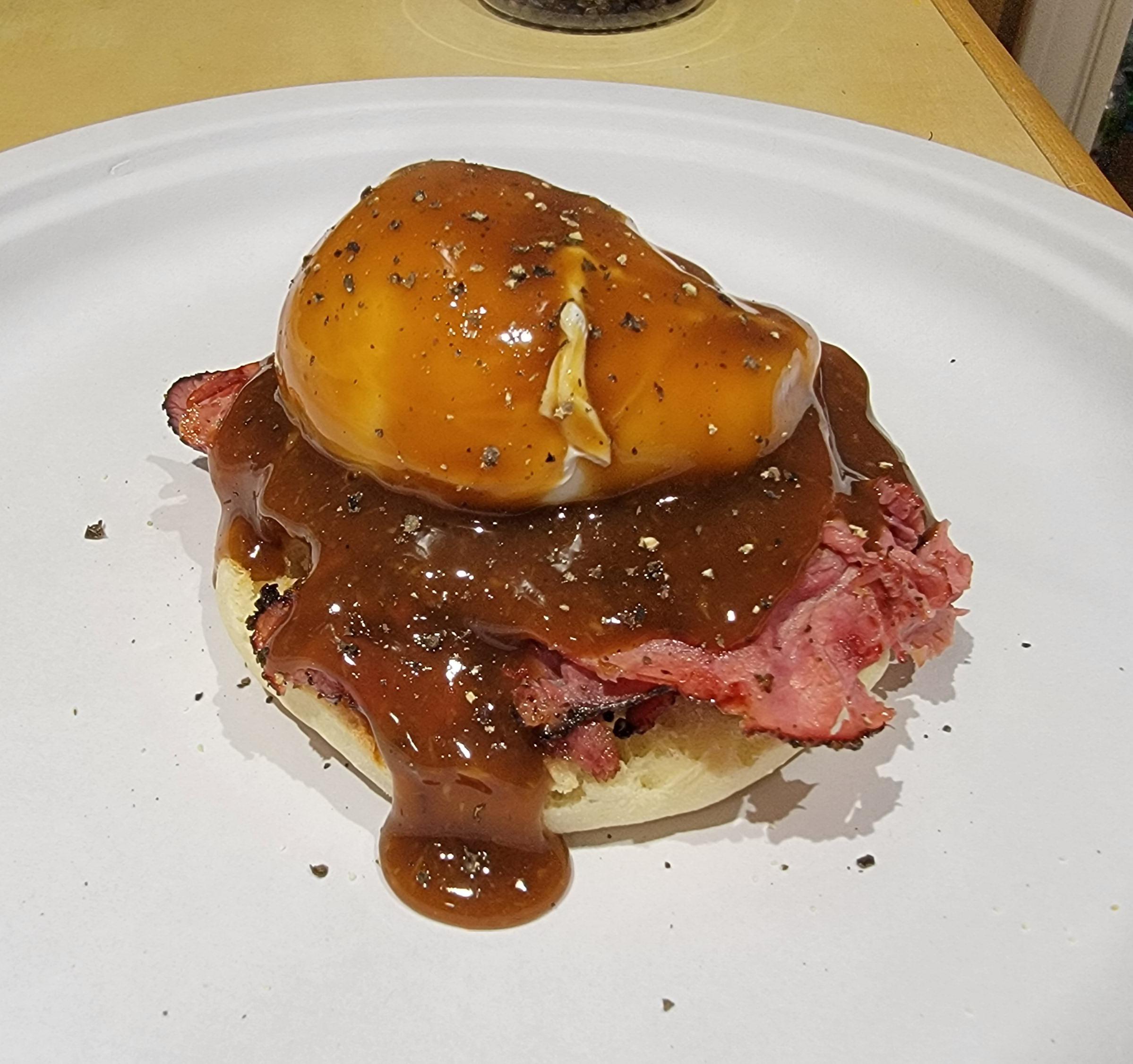 Pastrami Benedict with brown gravy and fresh cracked pepper from Sam's