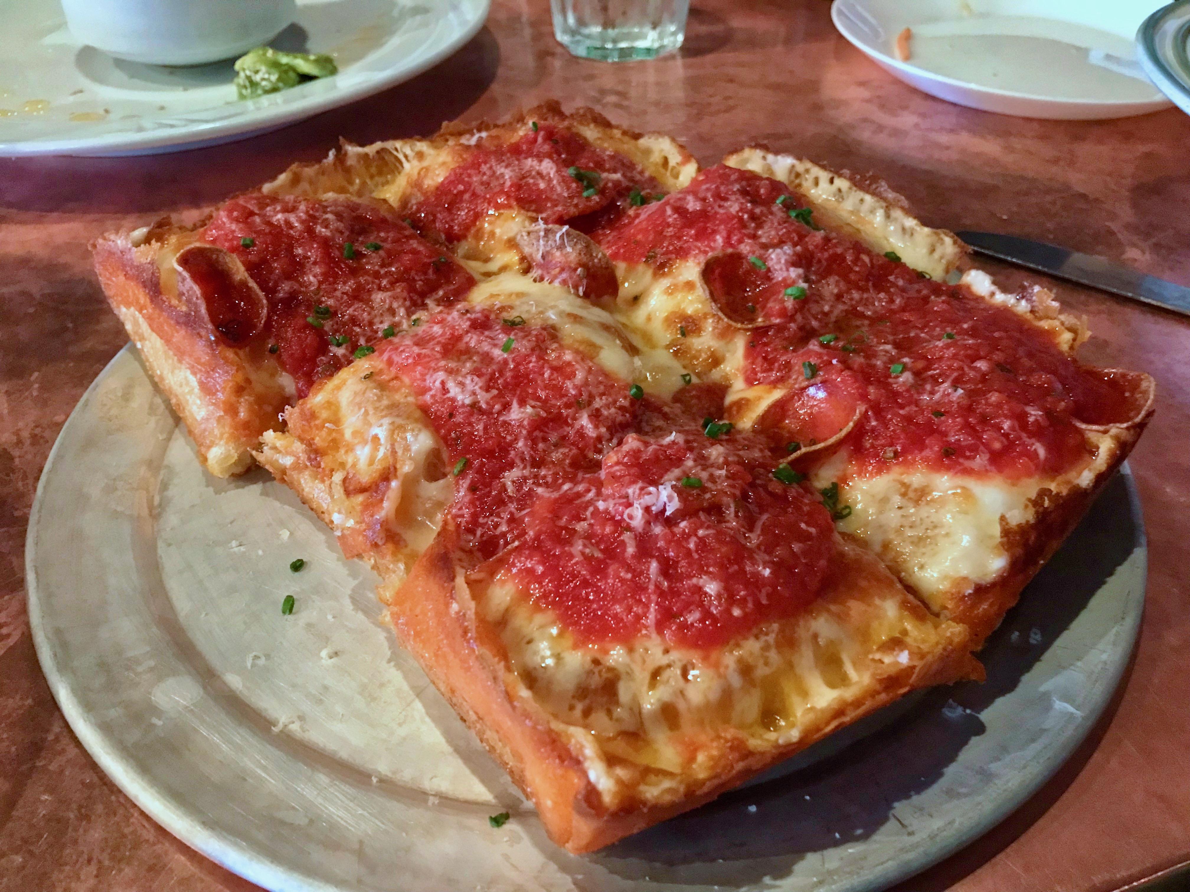 Detroitstyle red pie (pepperoni & brick cheese) from Iron Born