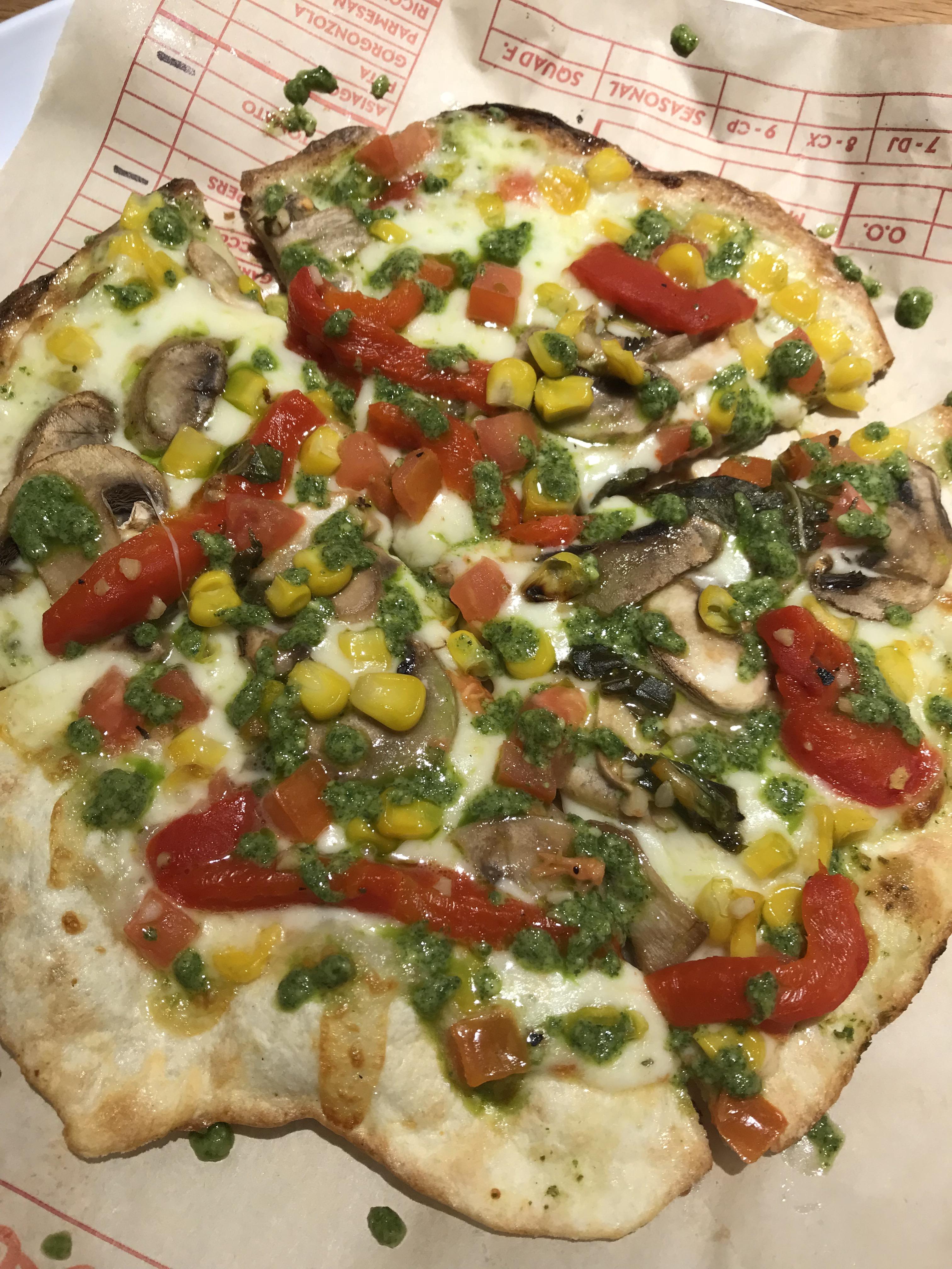 Pesto random veggie pizza from Mod Pizza. Ugly but delicious. r