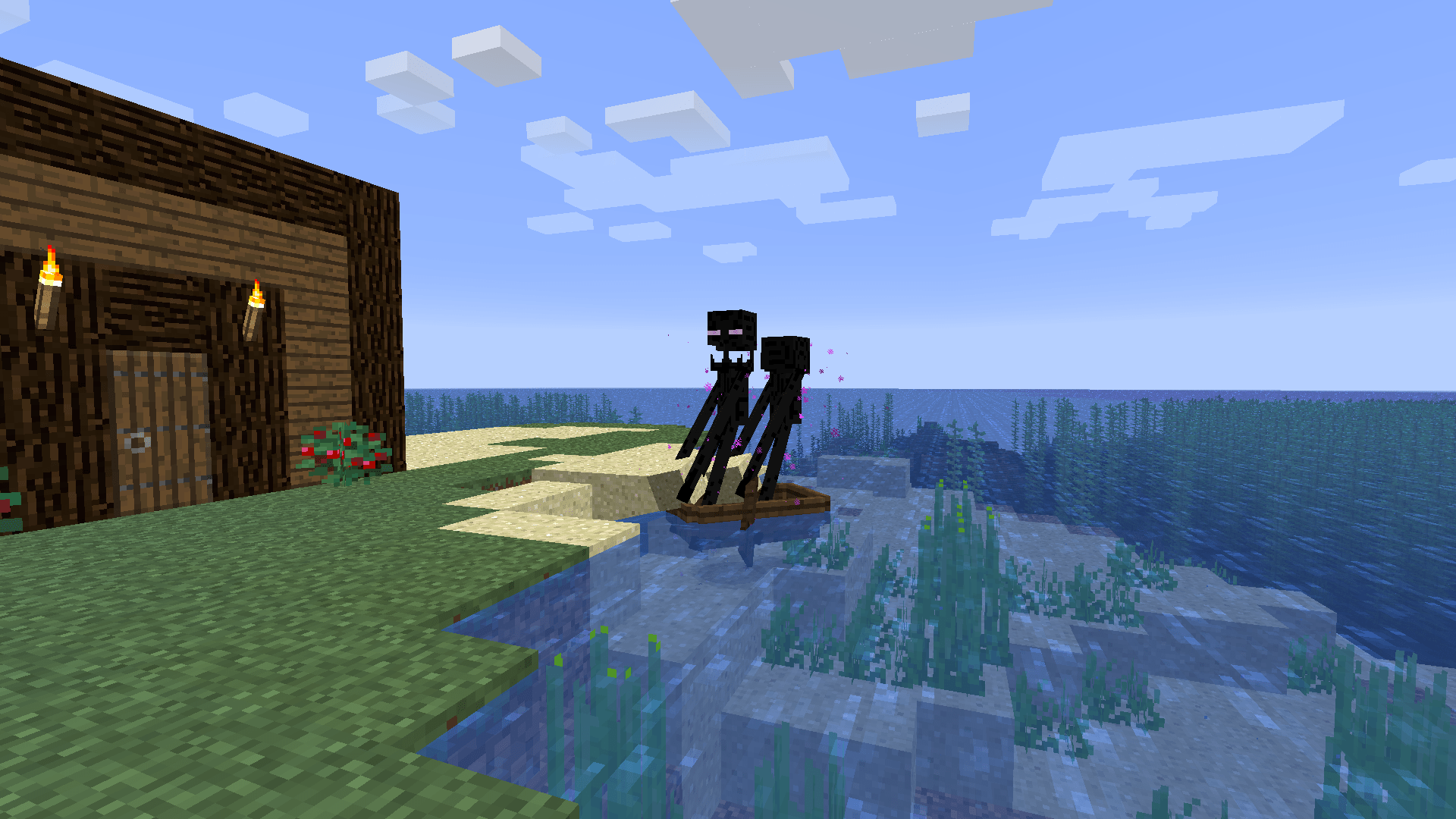 2 Endermens in a boat both holding a block of sand r/Minecraft