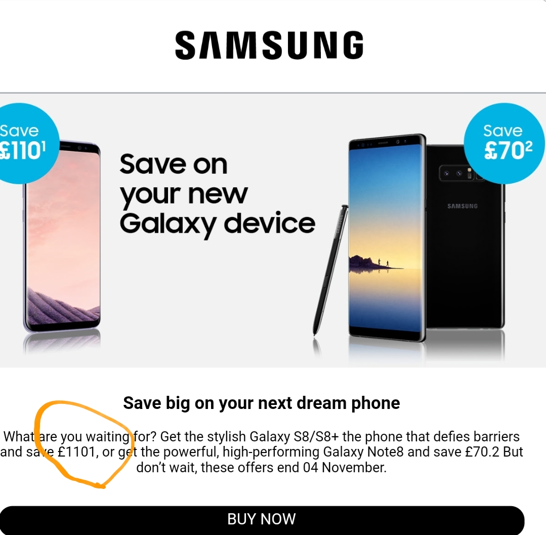 An email from samsung offering £1101 discount on a new galaxy device