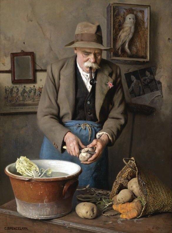 A realistic painting of a man peeling potatoes by Charles Spencelayh