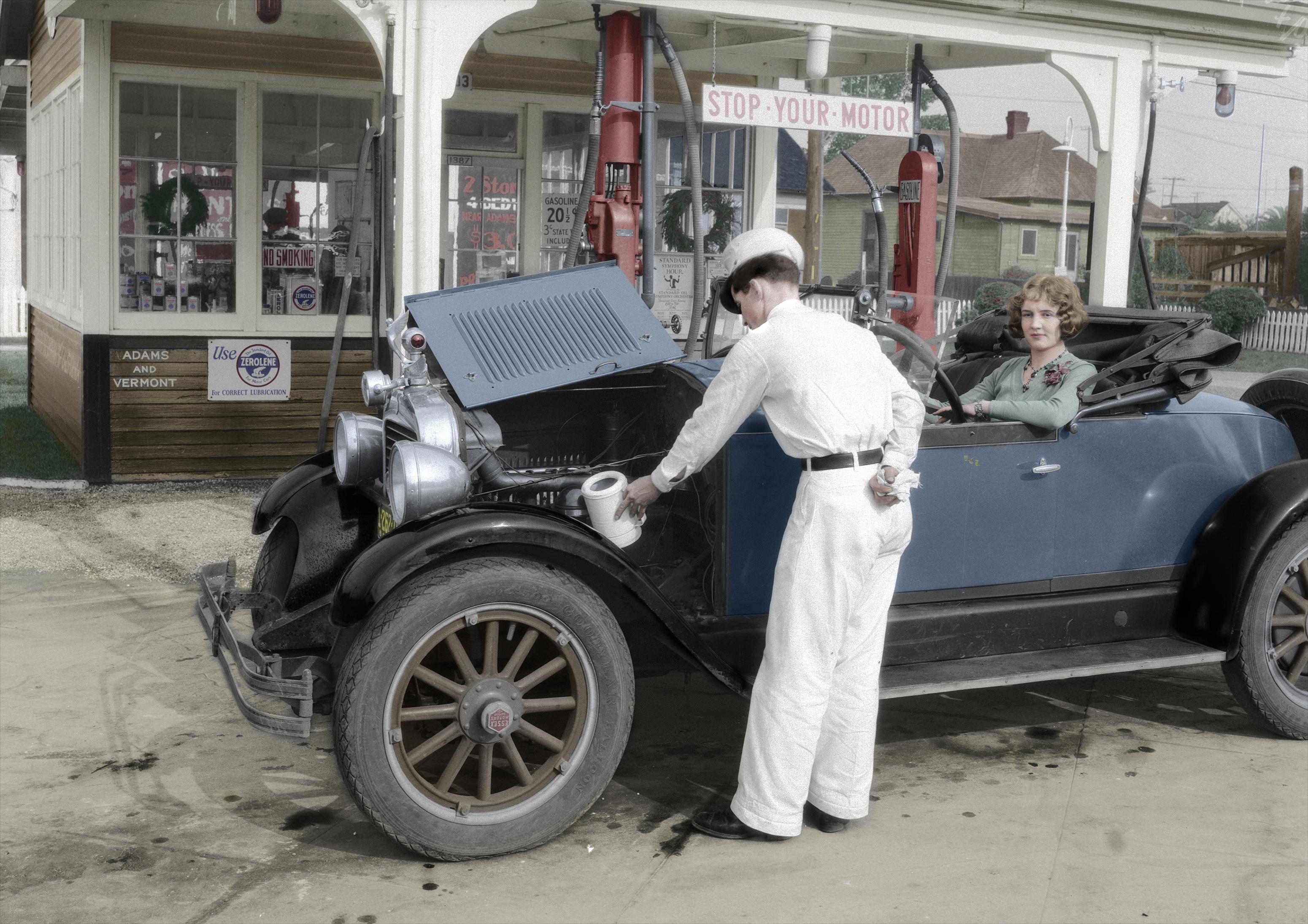 Oil Change, Adams Blvd & Vermont Avenue, 1928. r/Colorization