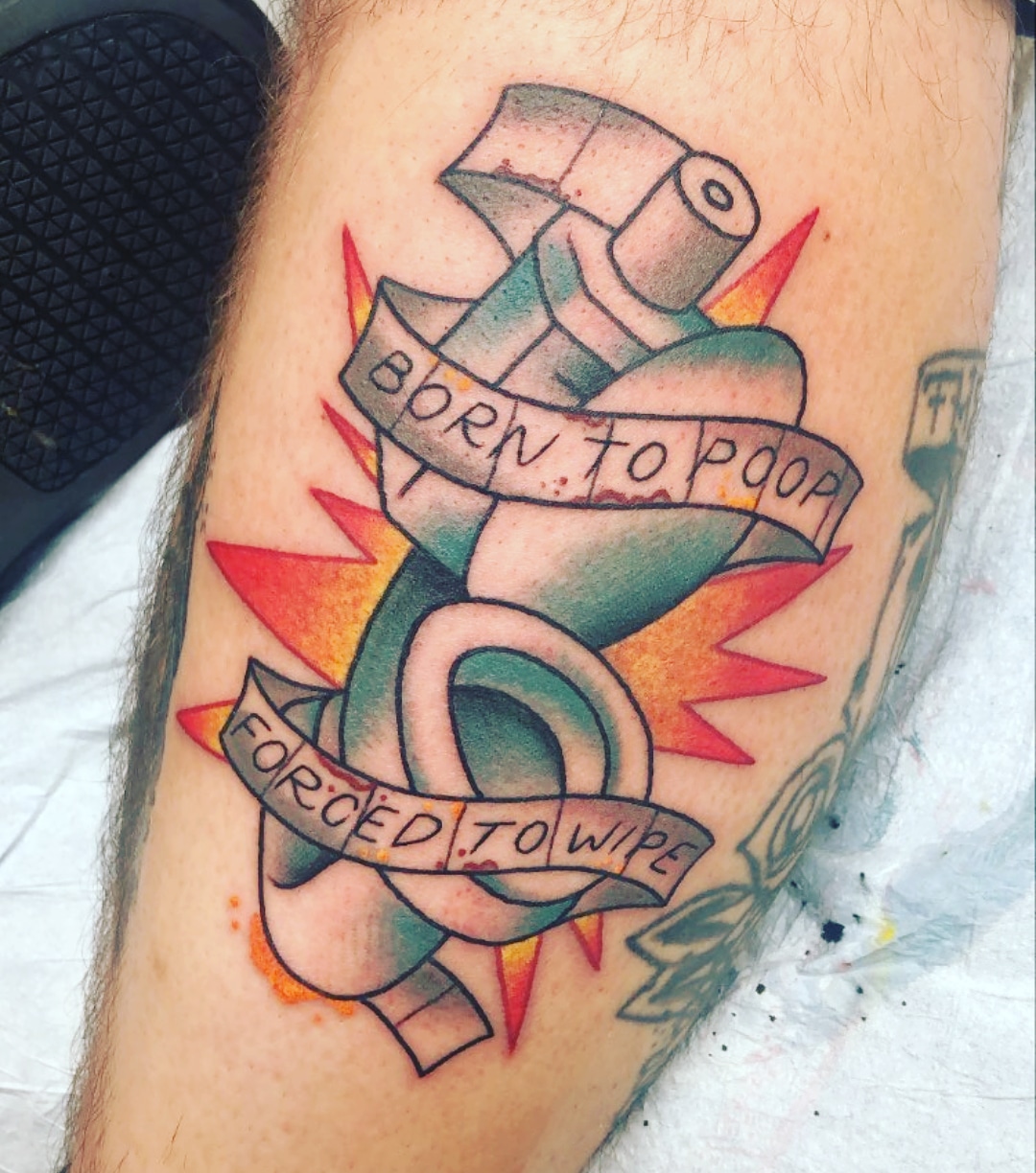 Born to poop... Artist Corey Strange Think Tank Tattoo, Denver Co