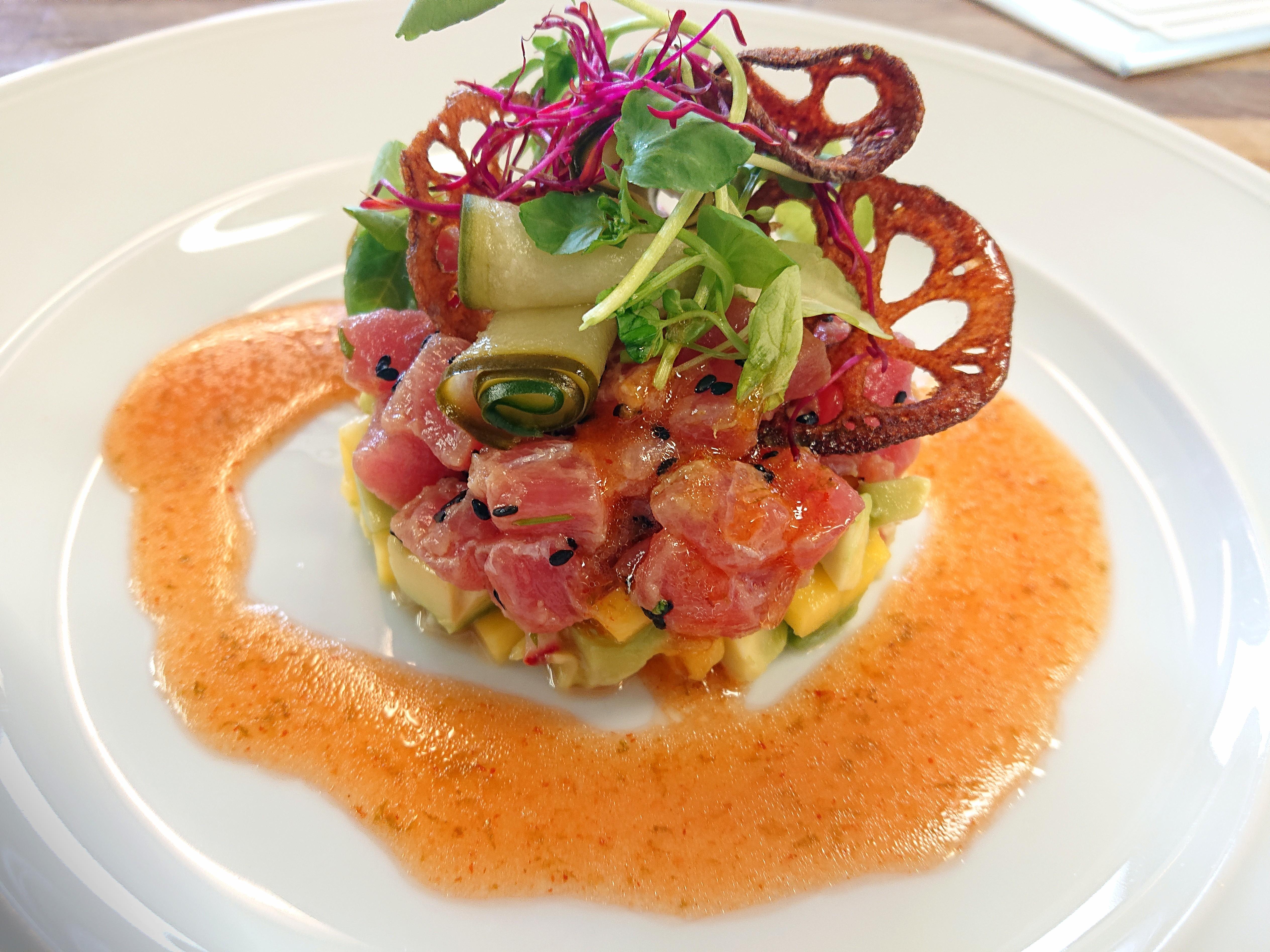 Week 26 Stone Fruits Tuna tartar with mango and avocado salad, sriracha dressing and renkon