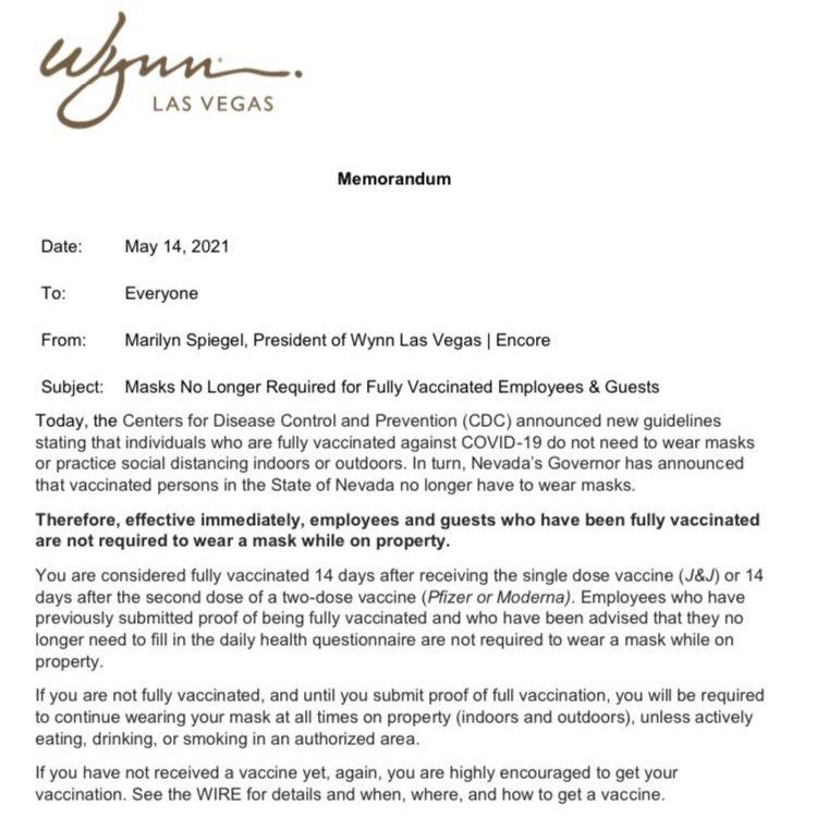 Wynn announces No mask required for guests. (Fully vaccinated) r/vegas