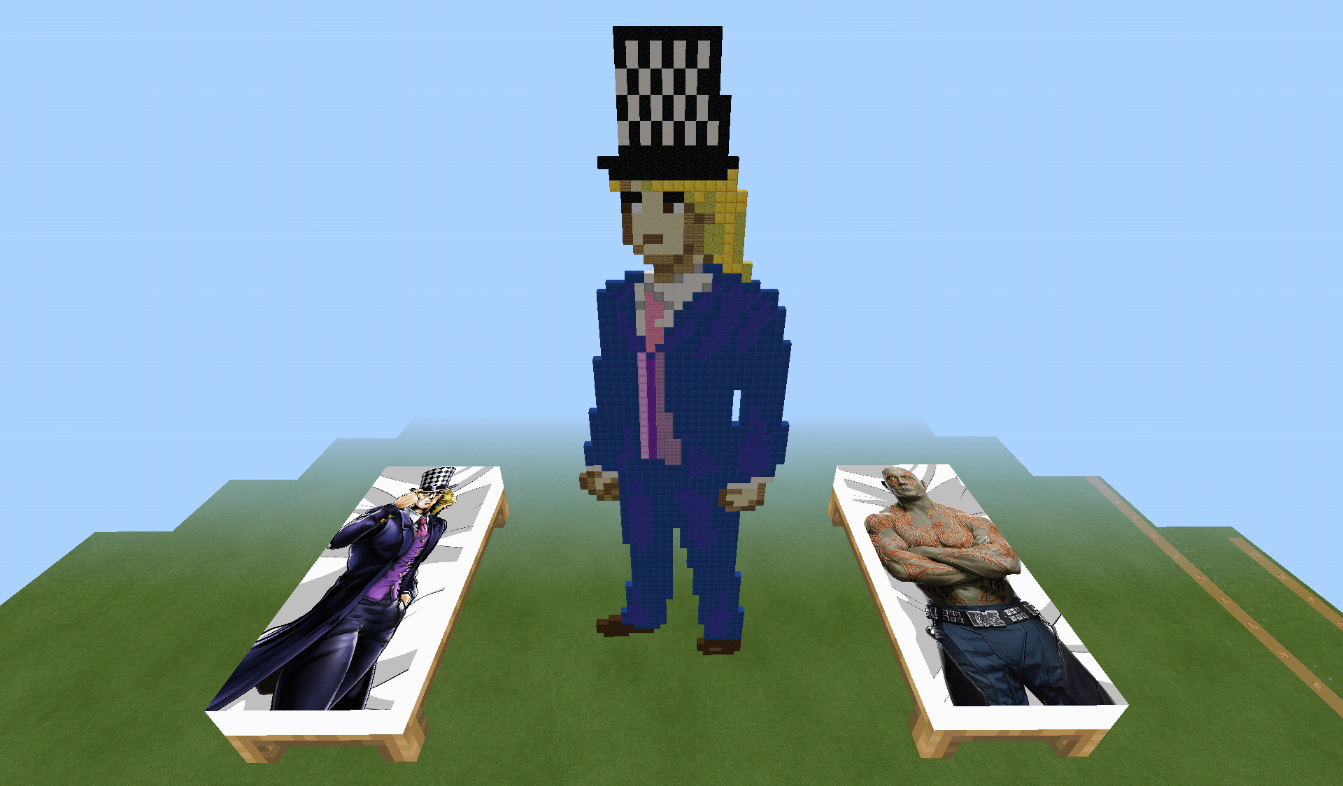 I made Speedwagon and Drax body pillow beds, and pixel art of