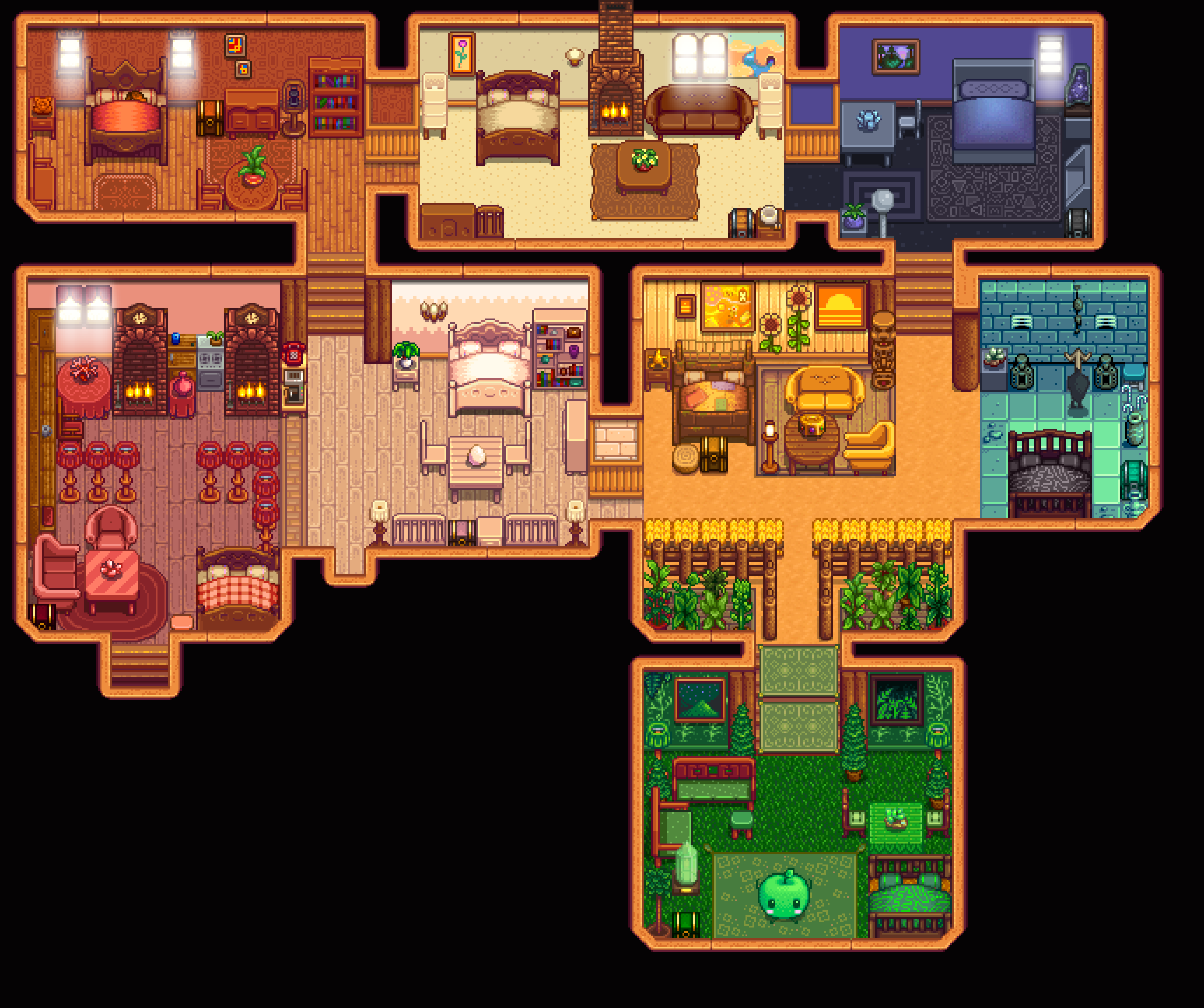 My farmhouse with 8 bedrooms. I tried to match the decor to the bed