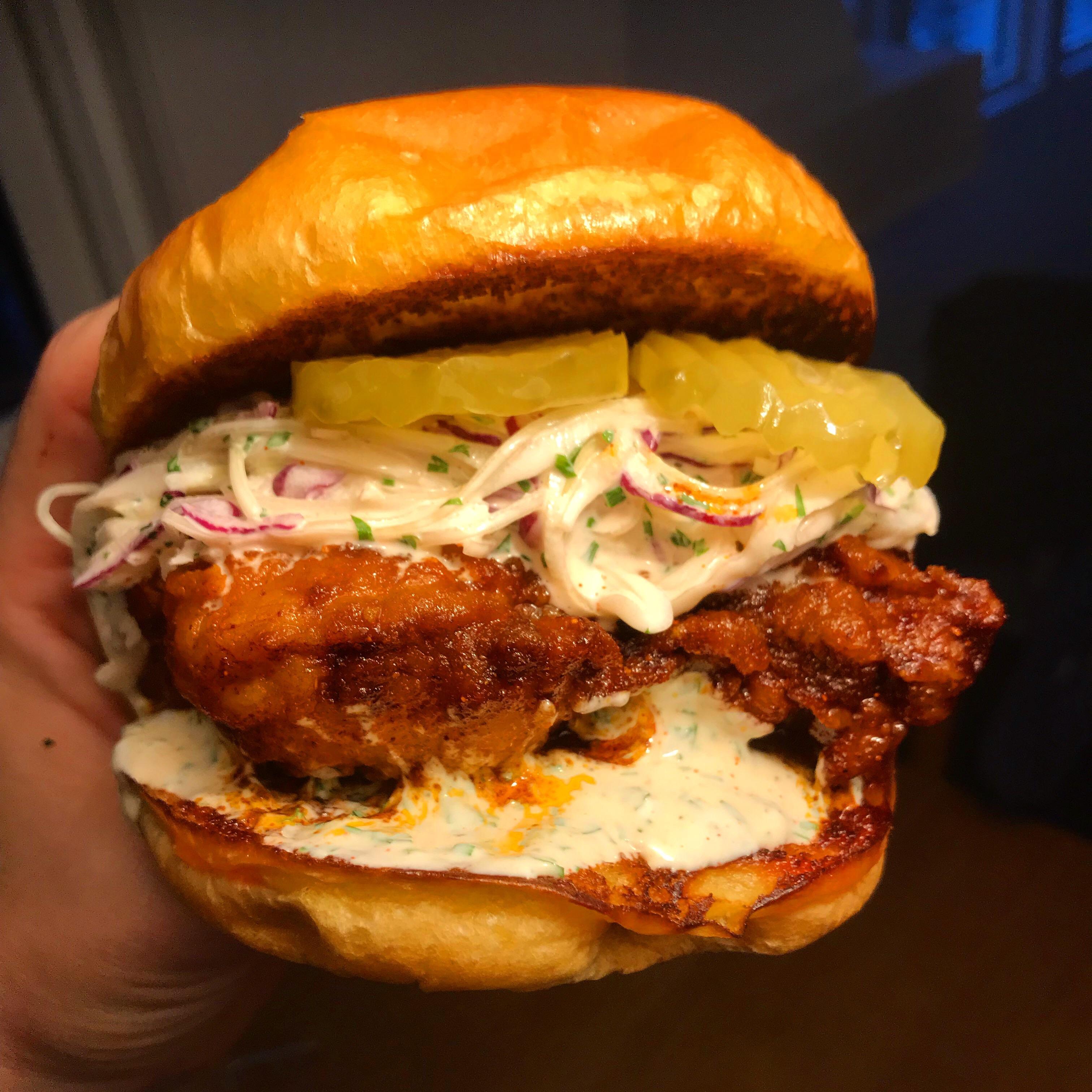 [OC] Nashville hot chicken sandwich with dill pickles, buttermilk ranch
