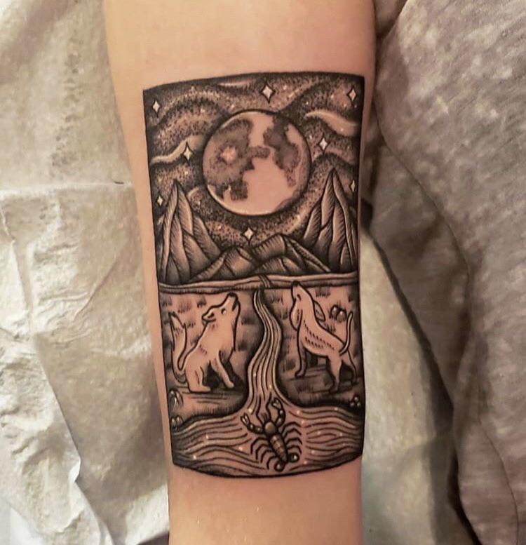 ‘The moon’ tarot card done by Meghan Wright at Wicked Good Ink in Portland, Maine tattoos