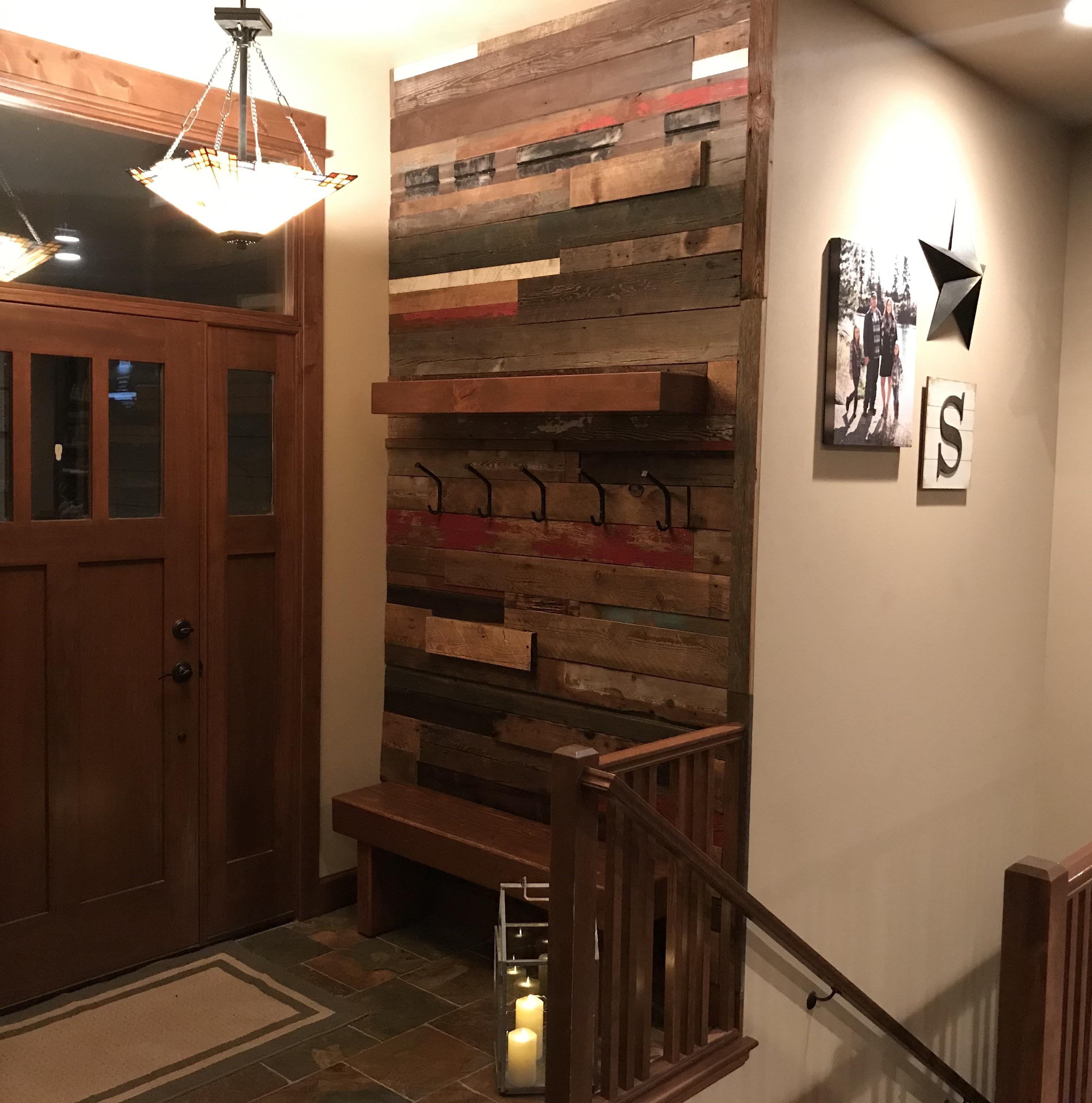 Reclaimed barn wood entryway, with a boxbeam style knotty alder shelf
