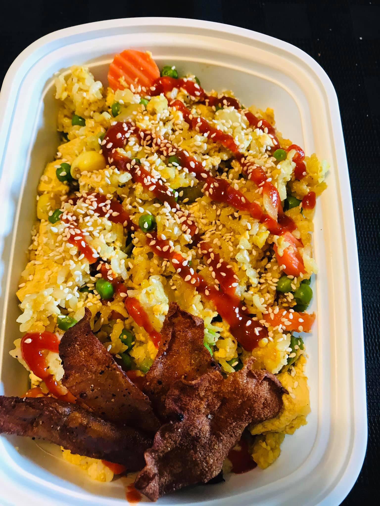 Spicy garlic fried rice with rice paper bacon and tofu egg r