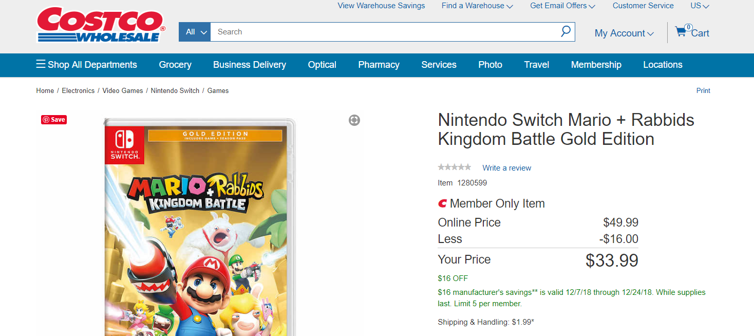 [Costco] Nintendo Switch Mario + Rabbids Kingdom Battle Gold Edition 33.99 NintendoSwitchDeals