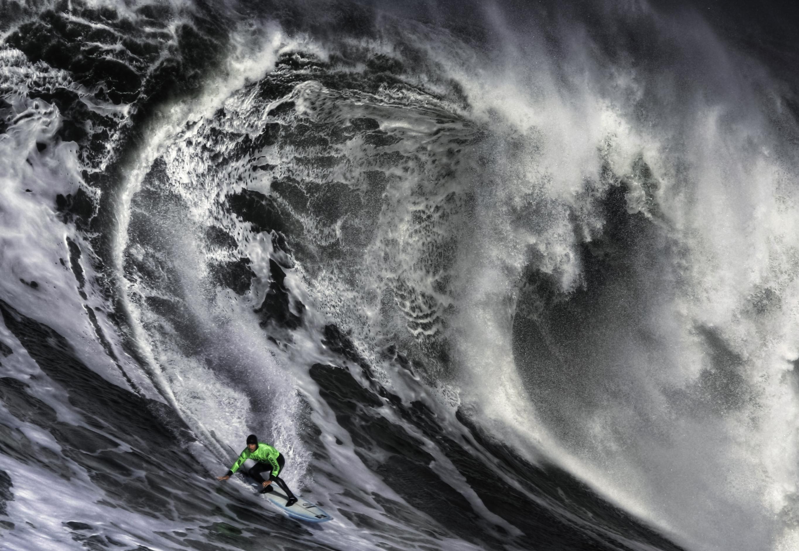 I captured this surfer riding a massive wave at Mavericks a few years