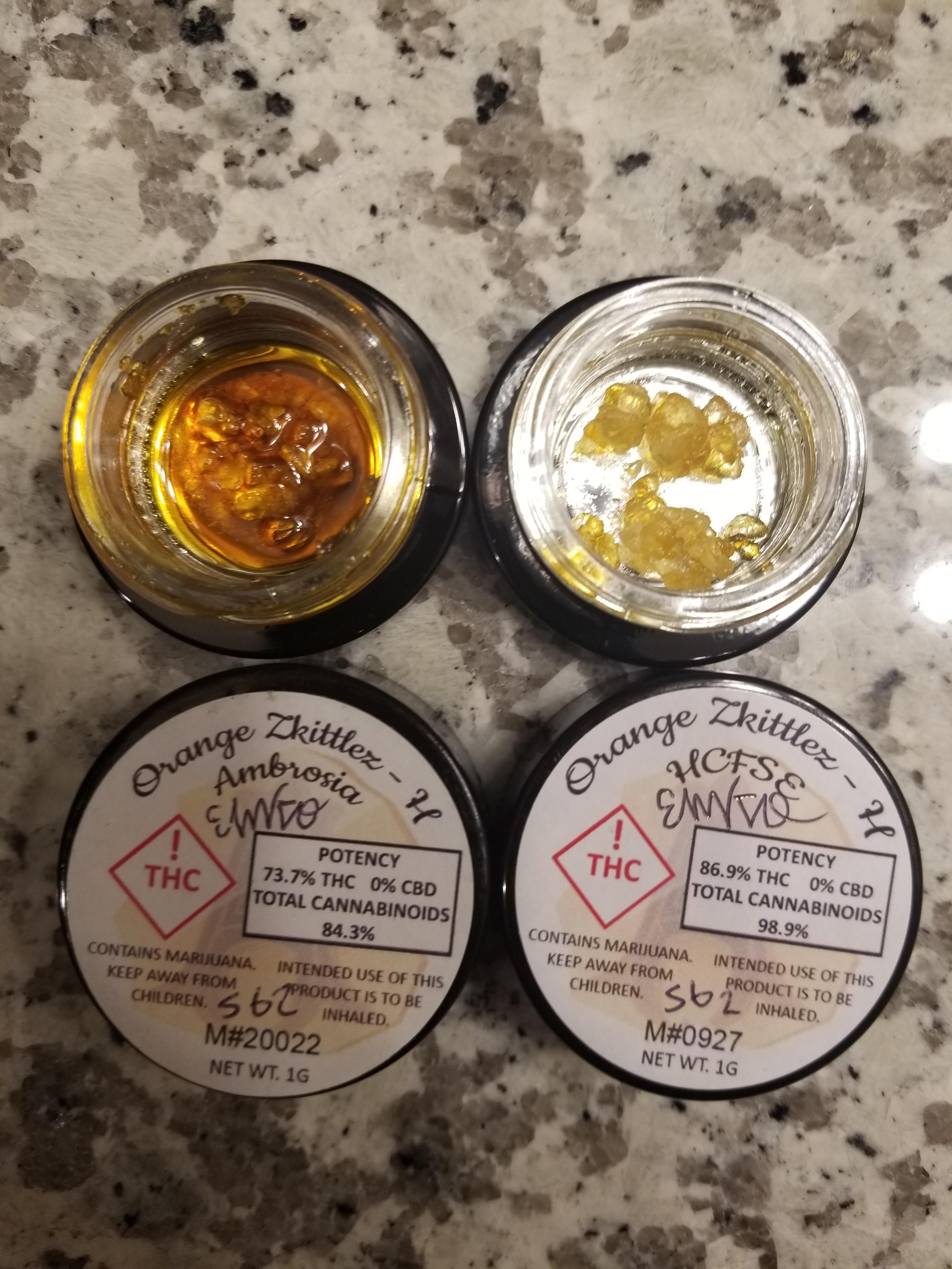 Same strain, different consistency. Orange zkittlez hcfse and ambrosia