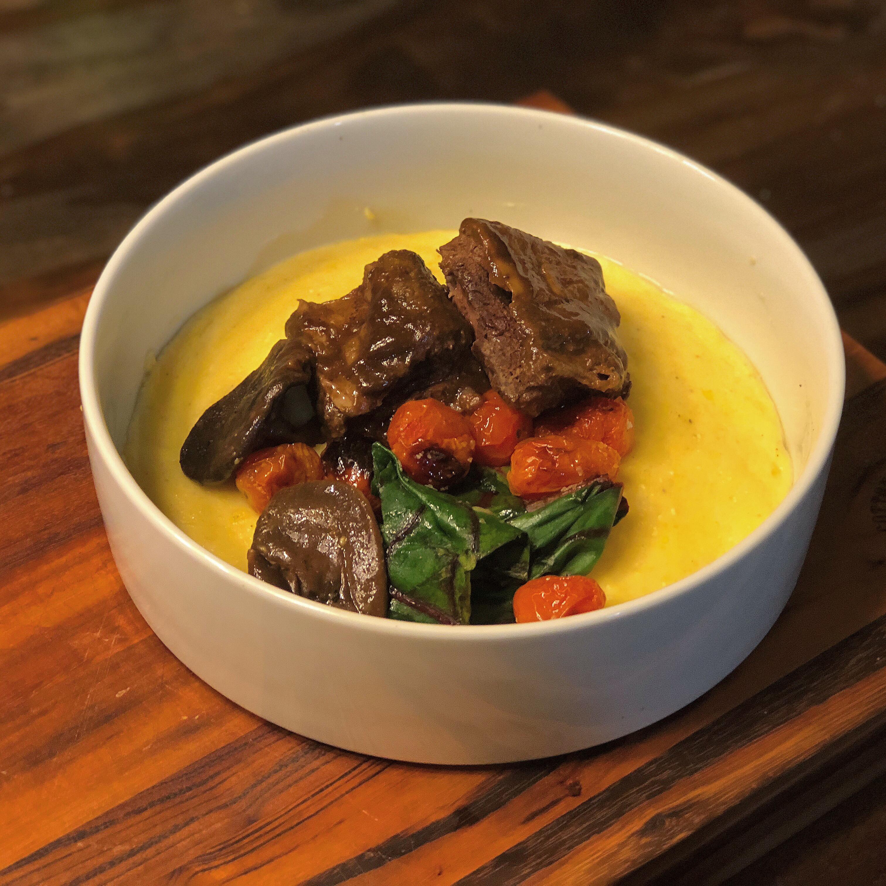 Miso Braised Sous Vide Short Ribs, Goat Cheese Anson Mills Polenta