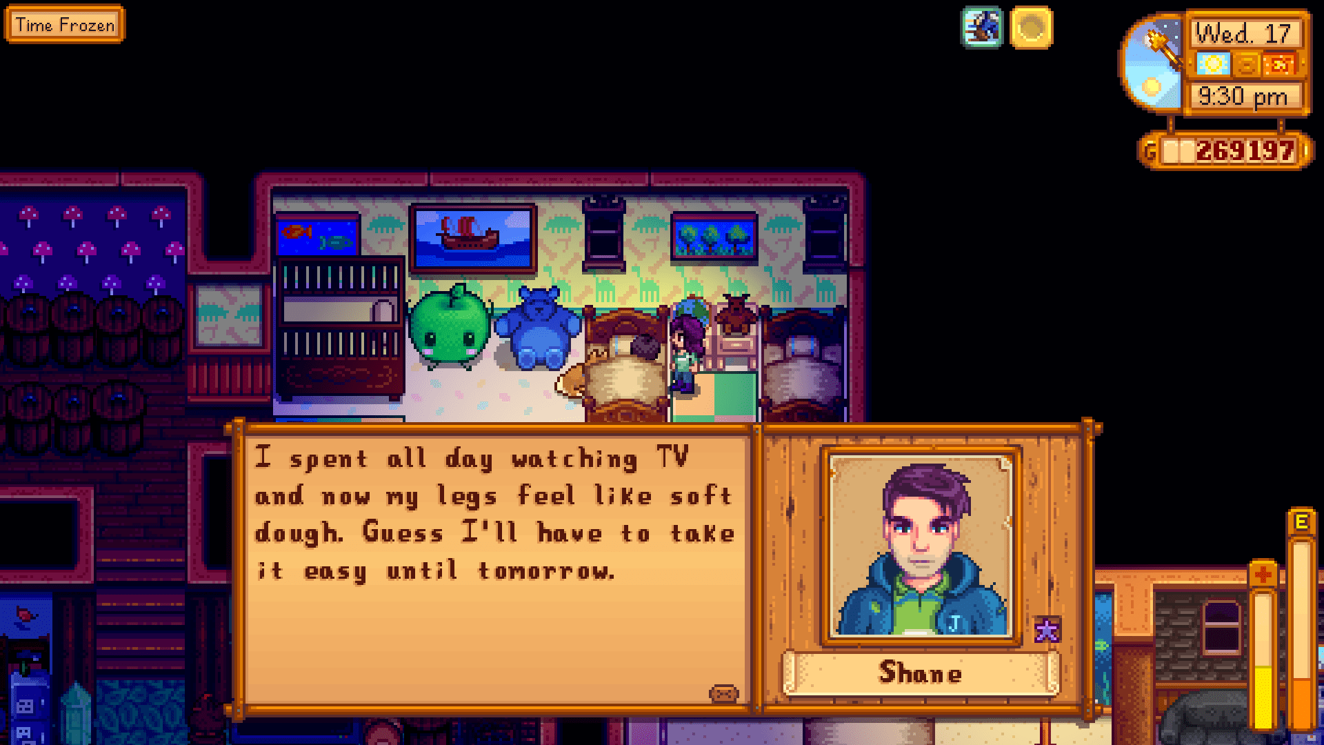 My farmer is pregnant and Shane decided to test out the kid's bed with the dog r/StardewValley