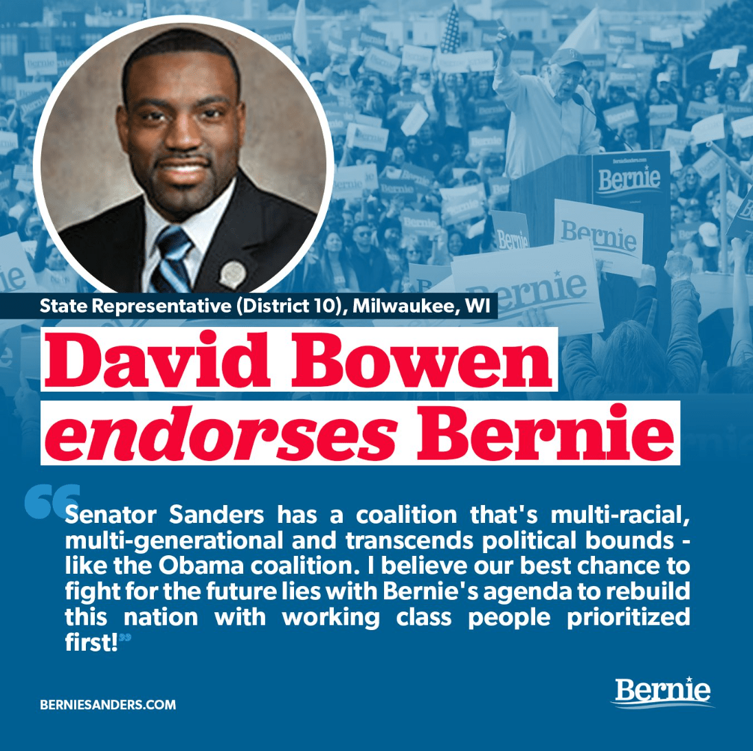 Milwaukee, WI state representative David Bowen endorses Bernie Sanders