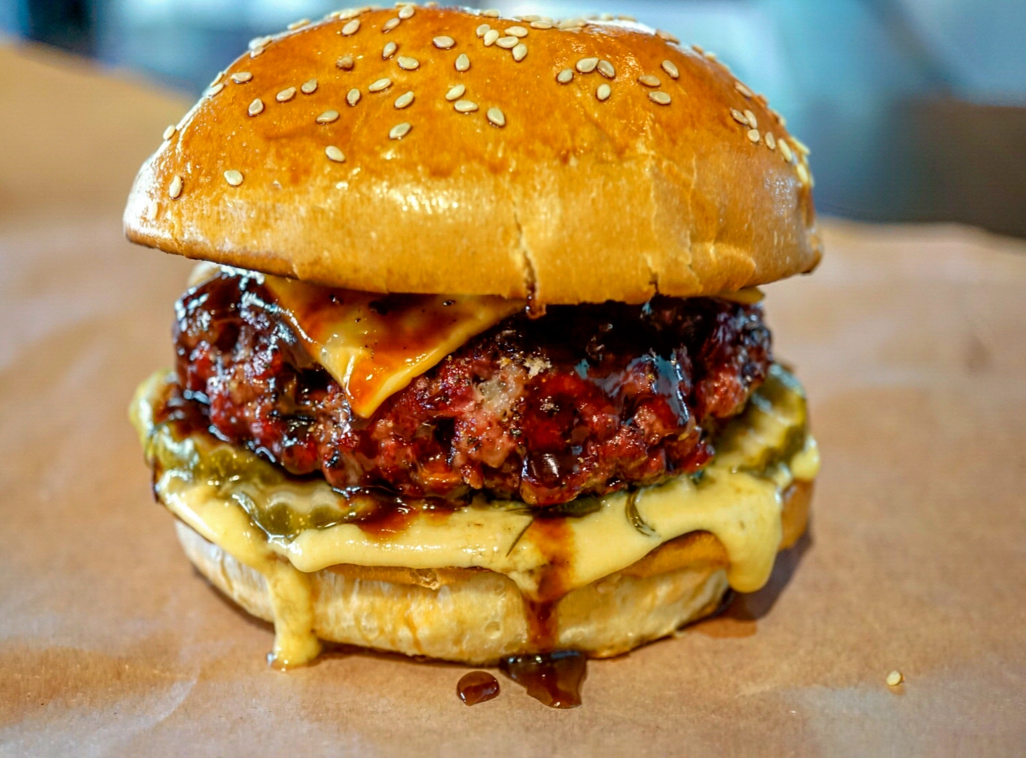 [Homemade] Smoked Brisket mince burger, with plum BBQ sauce and pickle
