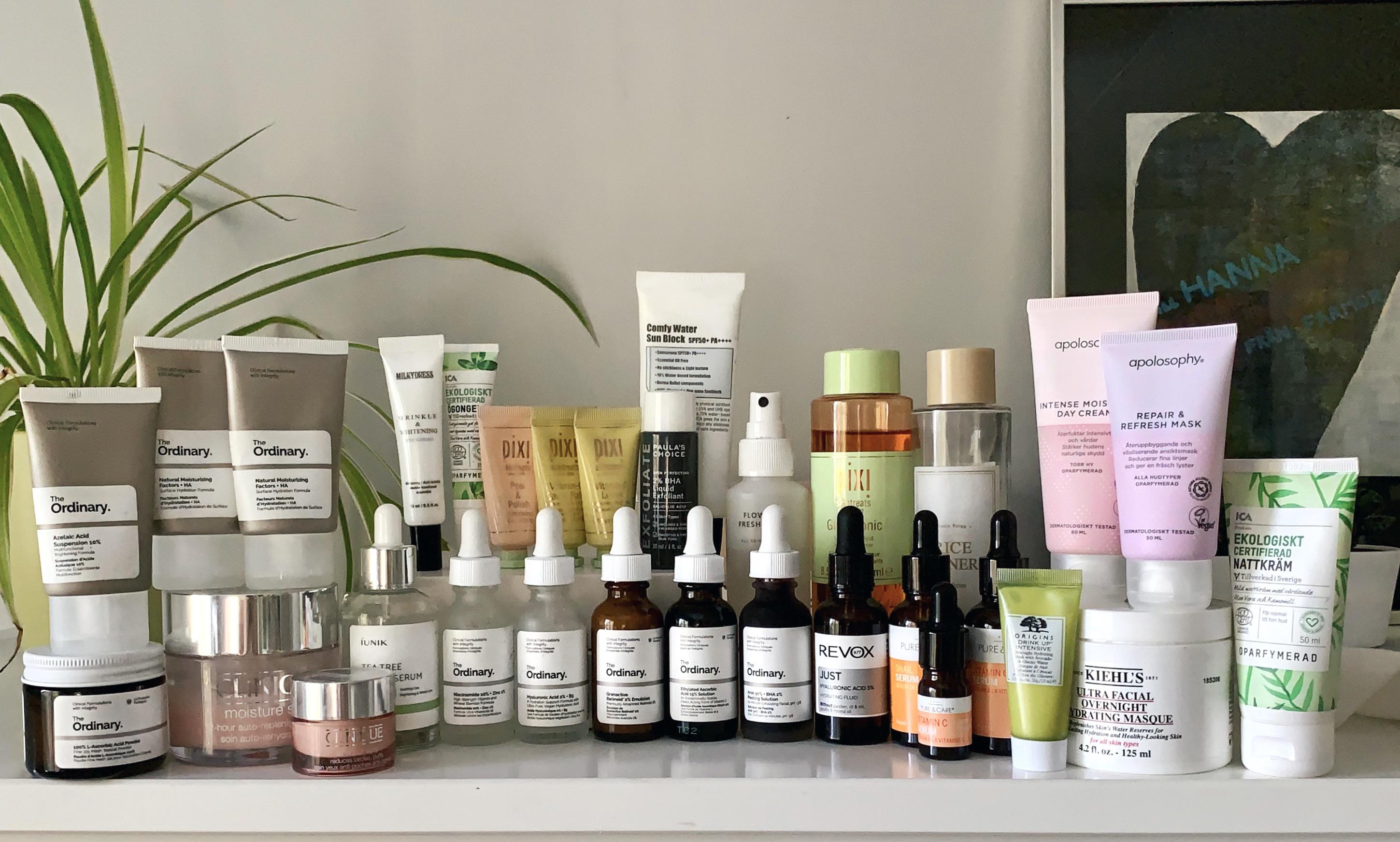 An aesthetically pleasing picture of my skincare products