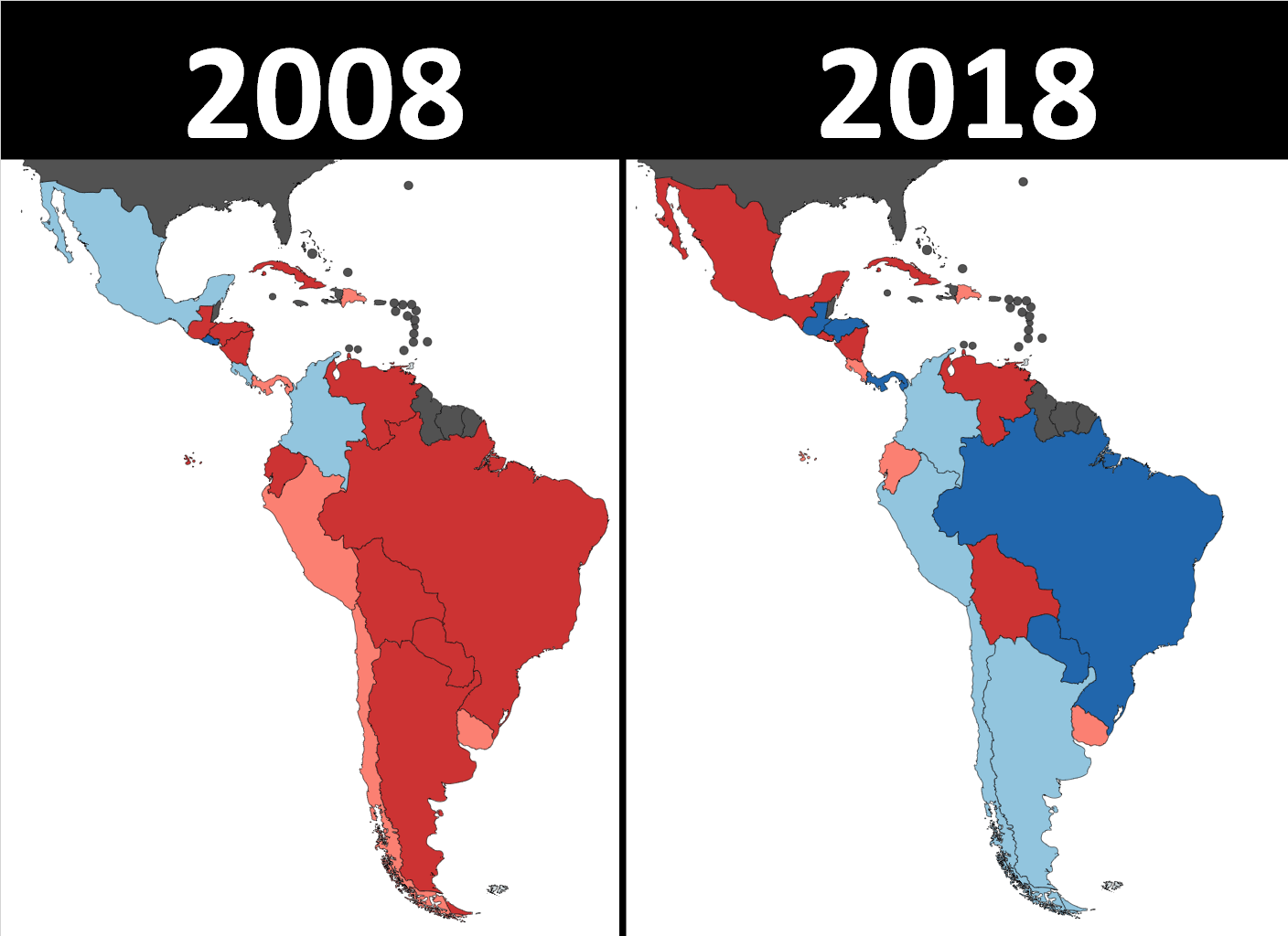 Latin American governments by political leaning (Red=Left, Blue=Right