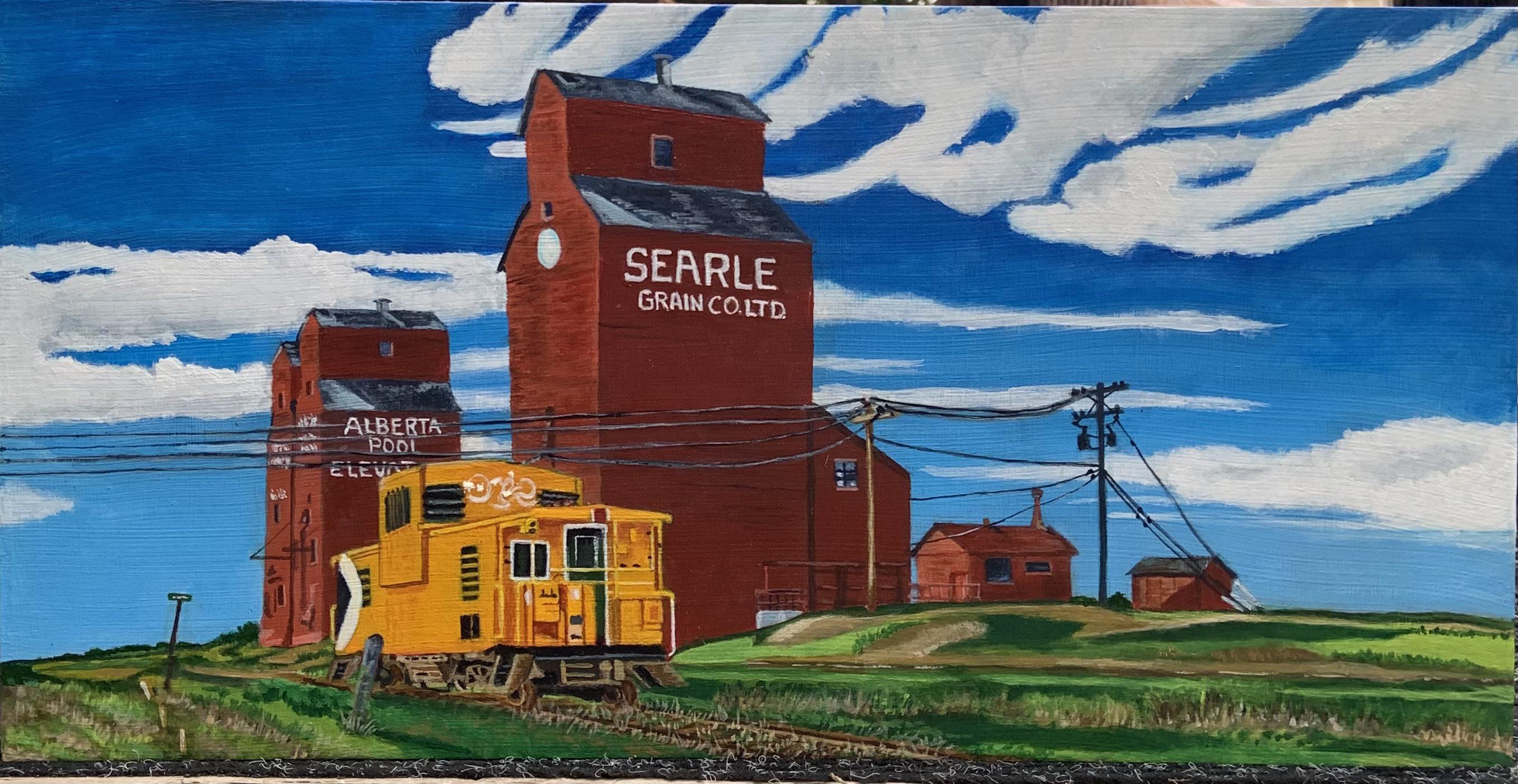 My painting of Prairie Grain Elevators. Acrylic on birch block panel, 8