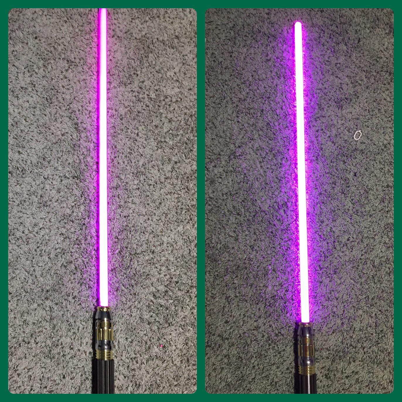 Mace Windu’s “BMF” lightsaber from Galaxy’s Edge before (left) and