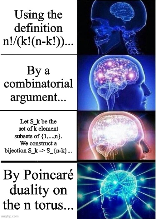 When you're asked to prove that (n choose k) = (n choose nk) r/MathJokes