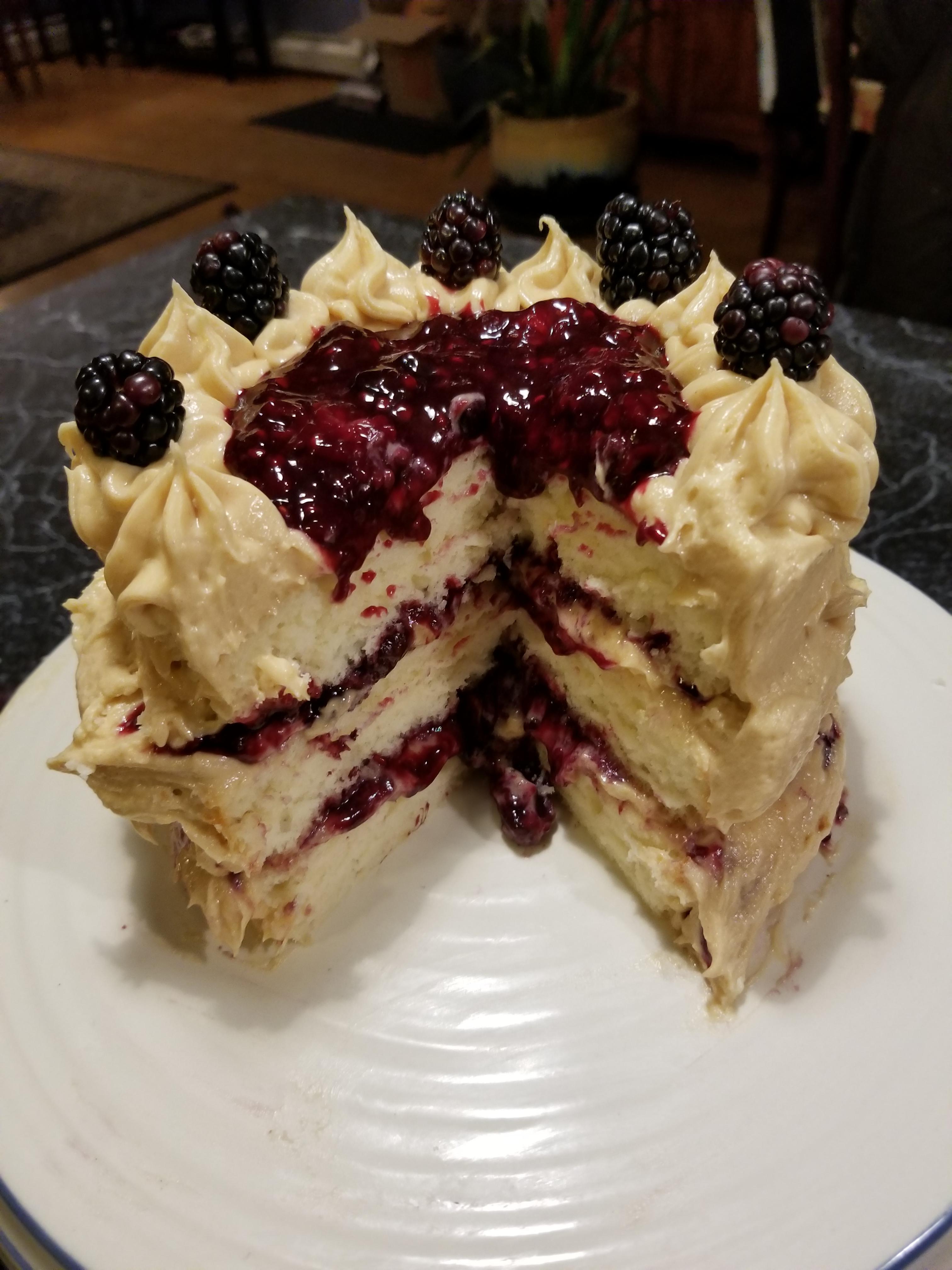 Made a peanut butter and jelly cake, my first attempt at baking a cake