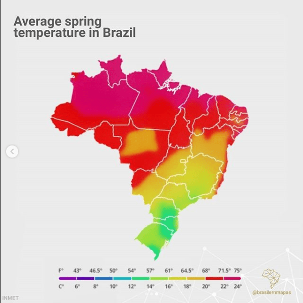 Average spring temperature in Brazil. Source in the image r/MapPorn