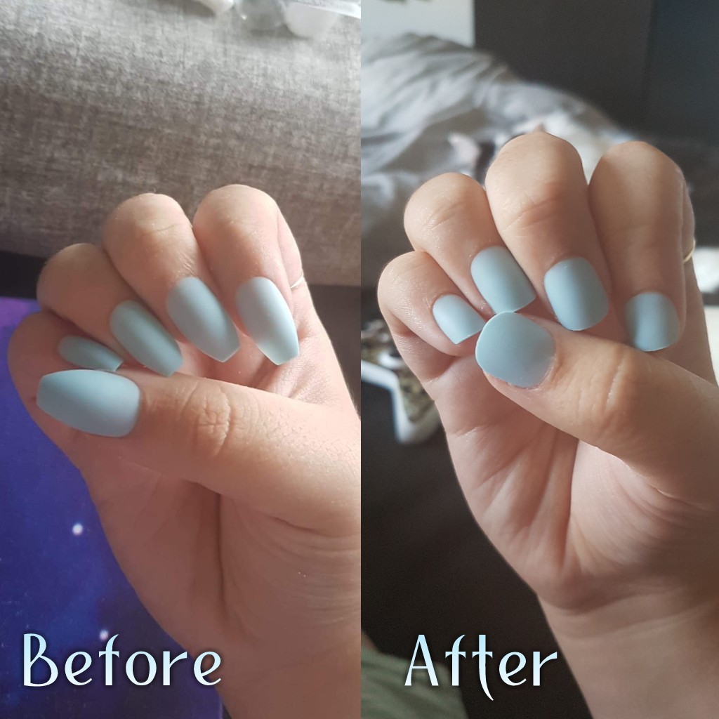 A before and after of the fake nails I have on, really