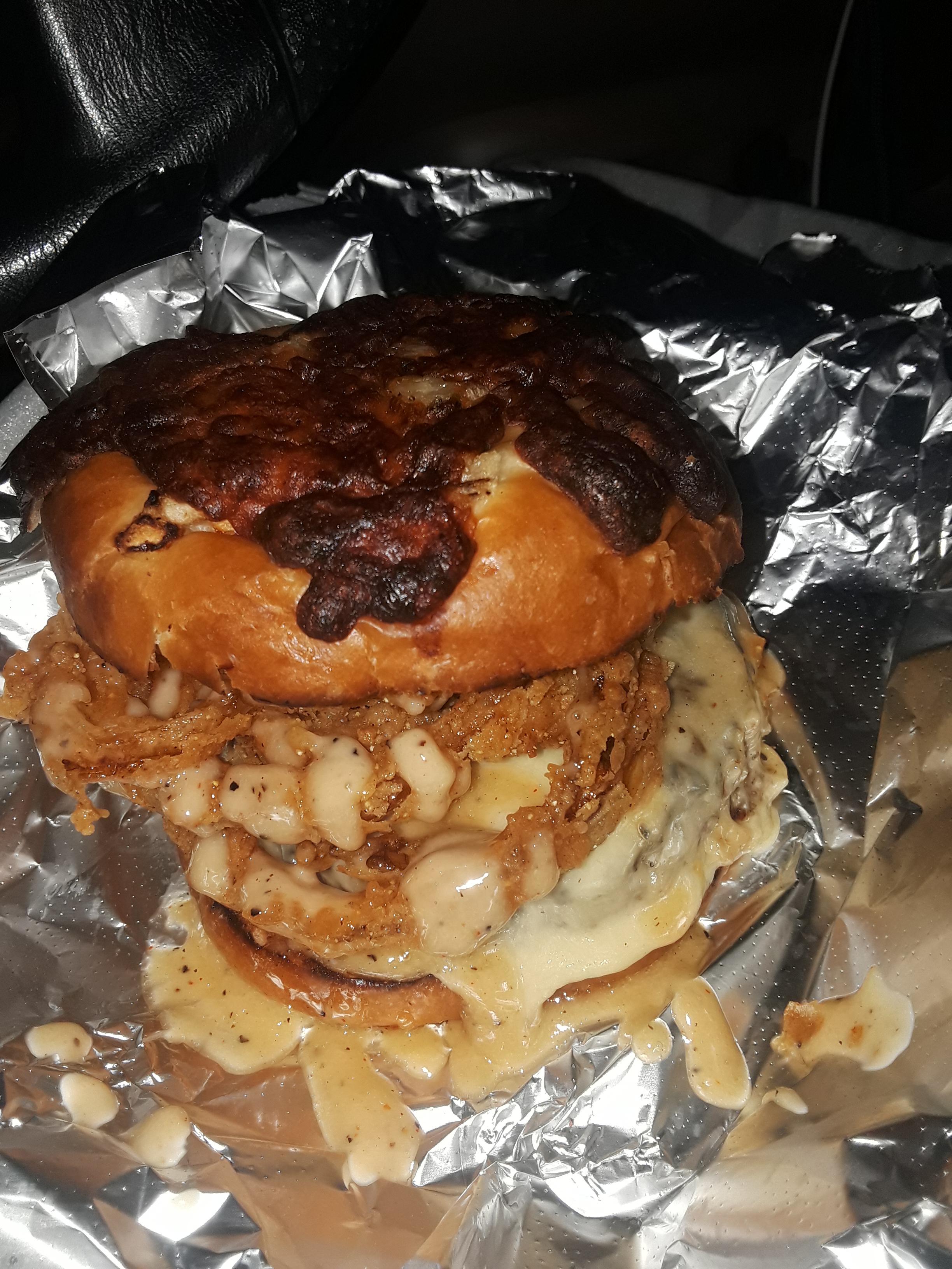 [I ate] White BBQ Bacon Burger, cheddar bun r/food