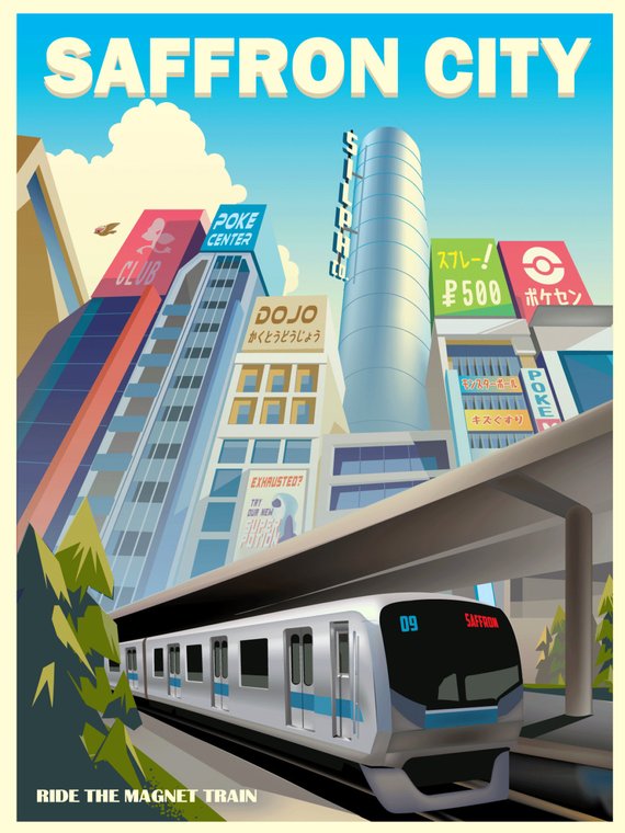 Here's what I illustrated Saffron City as a Travel Poster. Pretty much