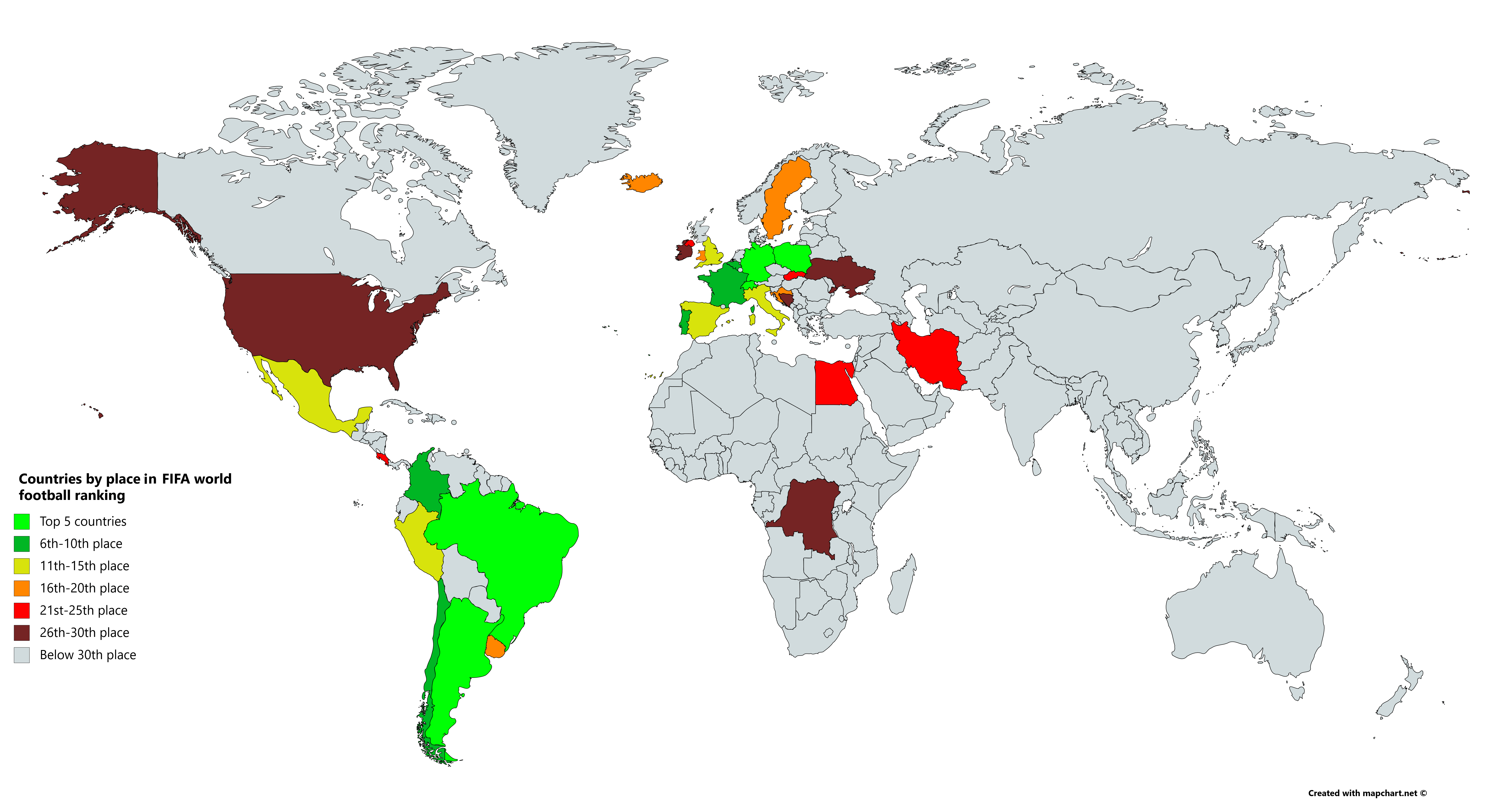 [6460x3455] Countries by place in FIFA world football ranking (as of