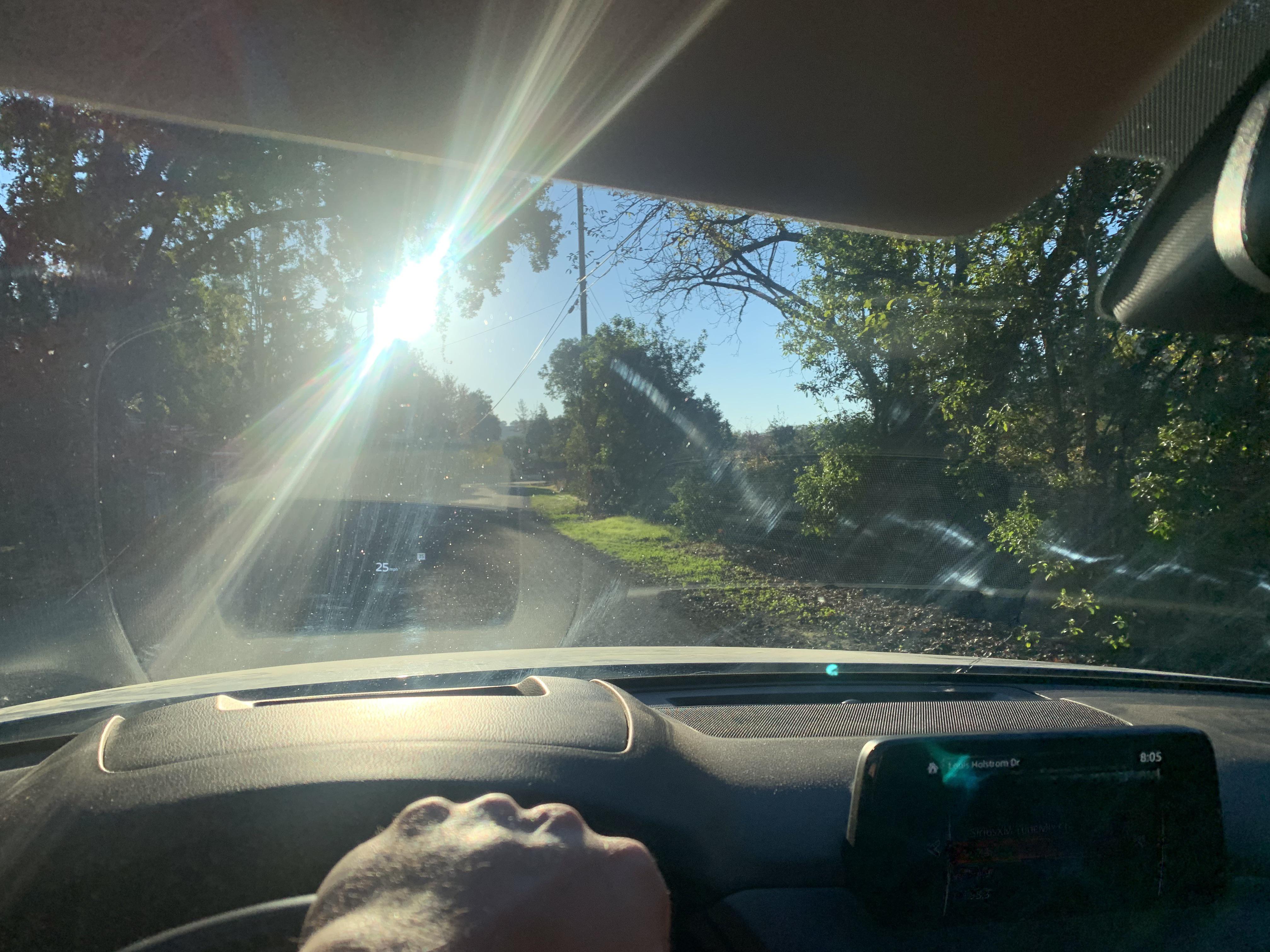 Cleaned my windshield and looked clear as can be. Turned into the sun