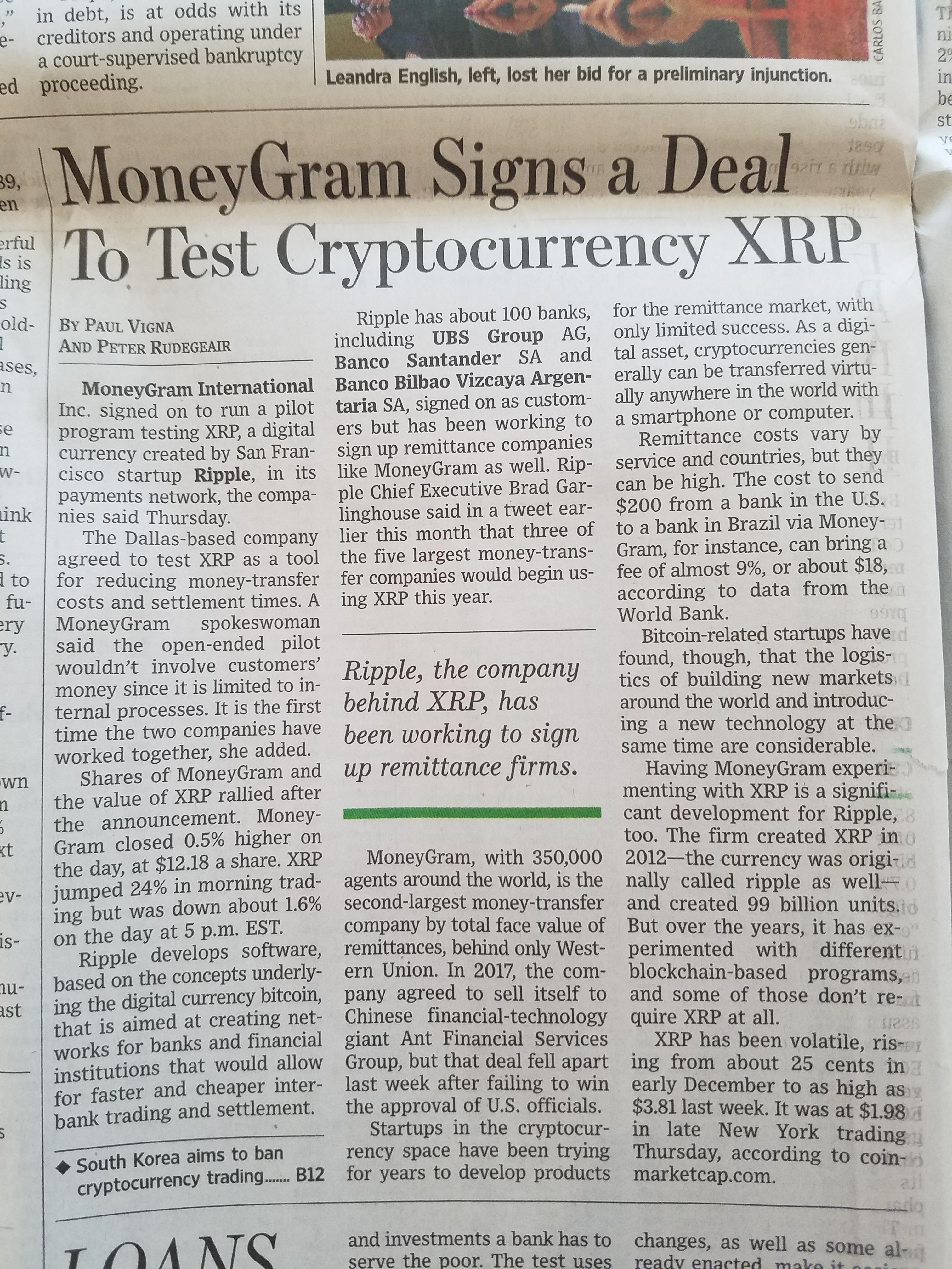 XRP/Moneygram news made it to wall street papers this morning! r