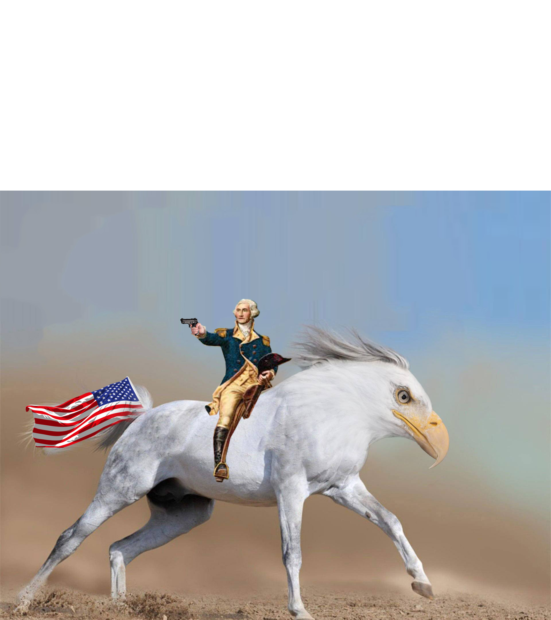 Washington riding an eaglehorse with a flag up its ass while he