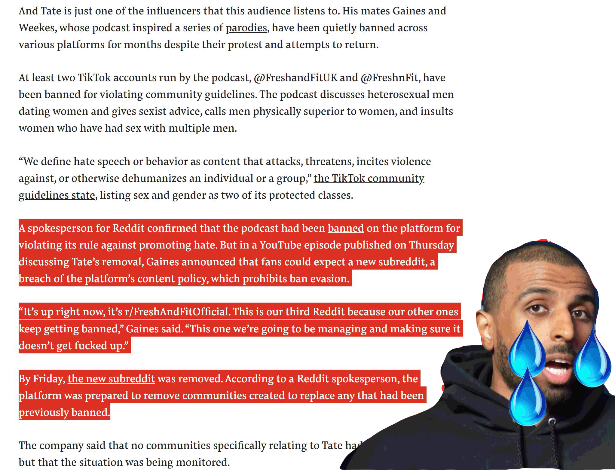 Fresh & Fit banned off Tik Tok and Reddit. Reddit says: "The ban due to