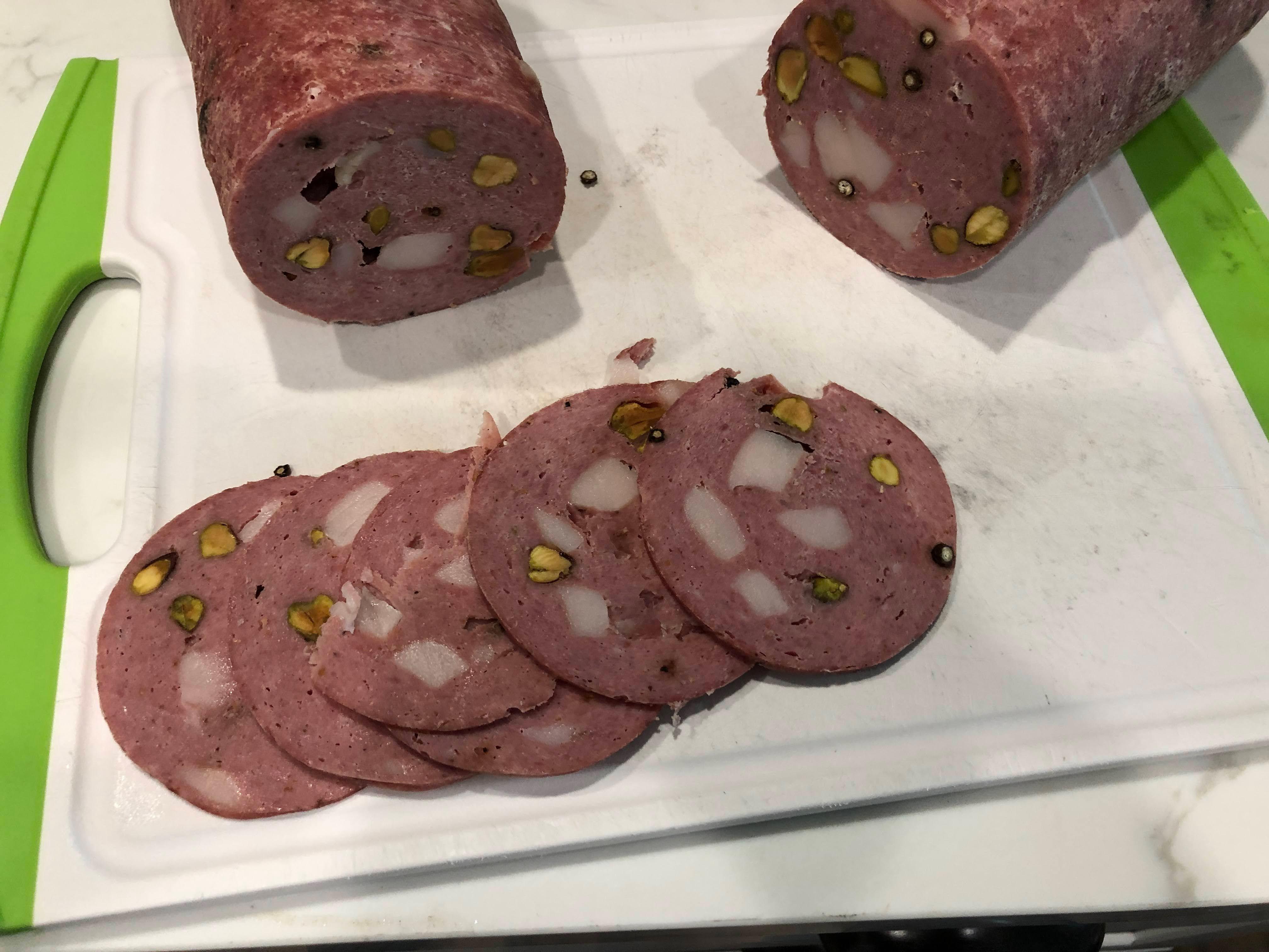 First Mortadella. Came out a little too spicy and not fatty enough, but OK. Any favorite recipes