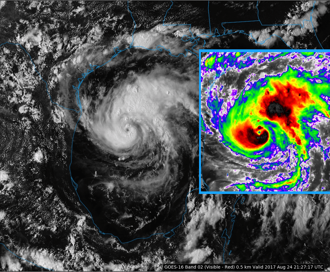 Hurricane Harvey shows us its eye. 2127 UTC (in visible and IR) r