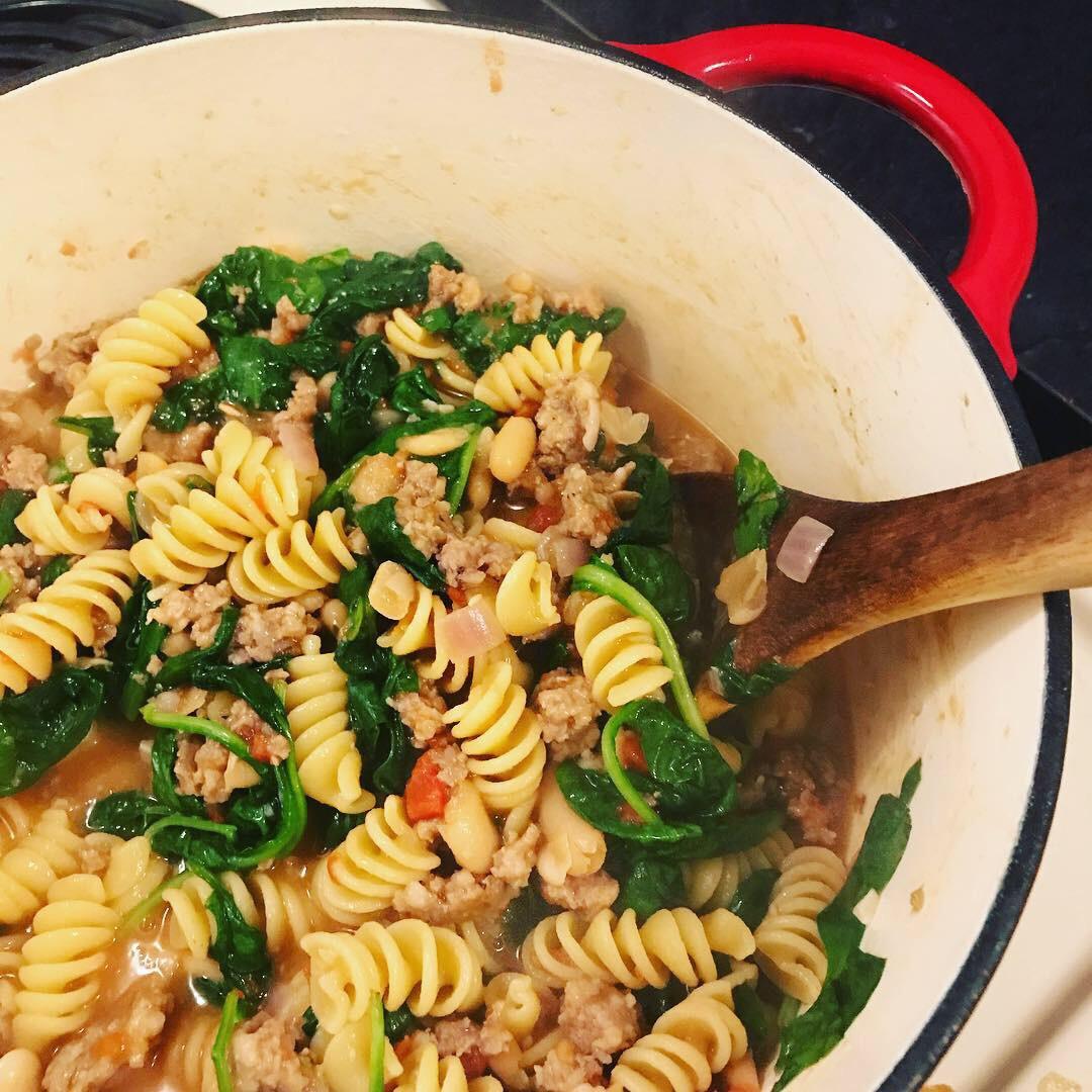 Sausage and white bean pasta (sweet Italian sausage, red onions, diced