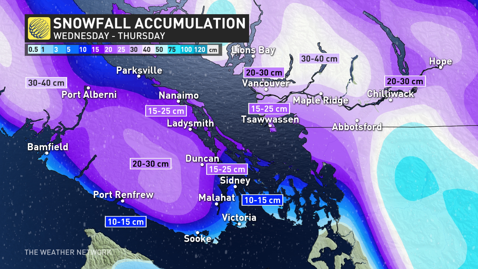 Snowfall estimates for Jan 56th. Least confident about the Fraser